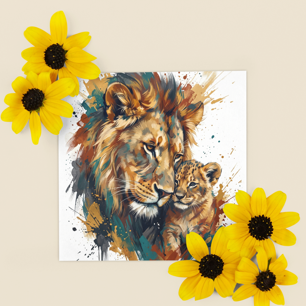 Lion & Cub – Fine Art Greeting Card (6×6)