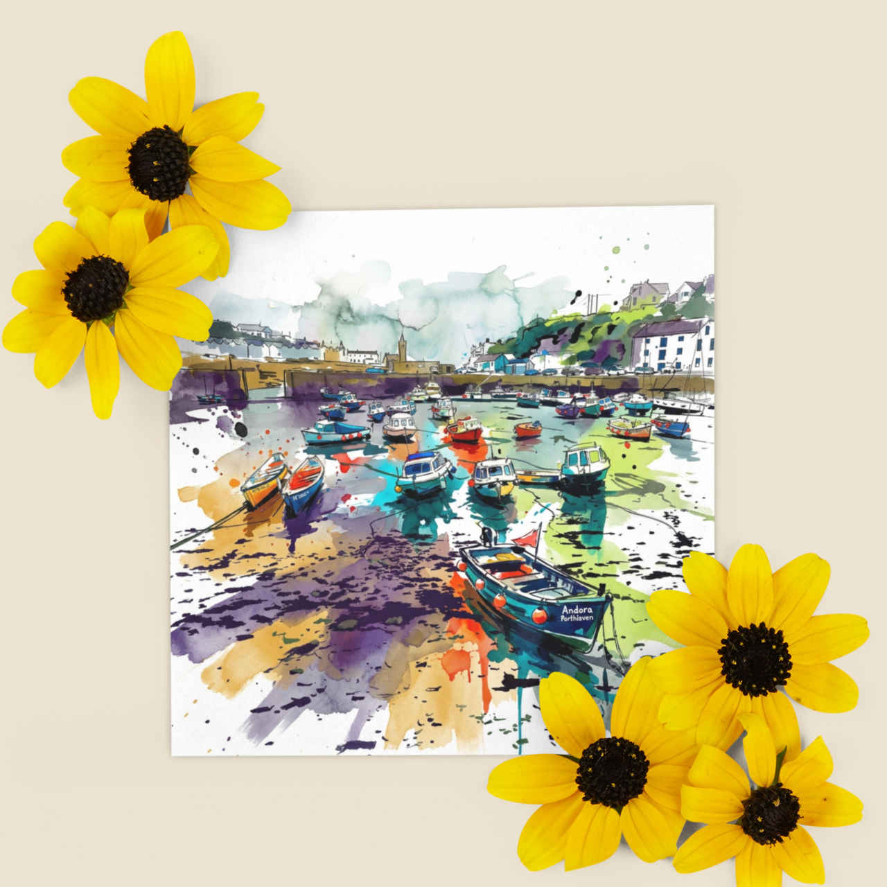 Porthleven Harbour – Fine Art Greeting Card (6×6)