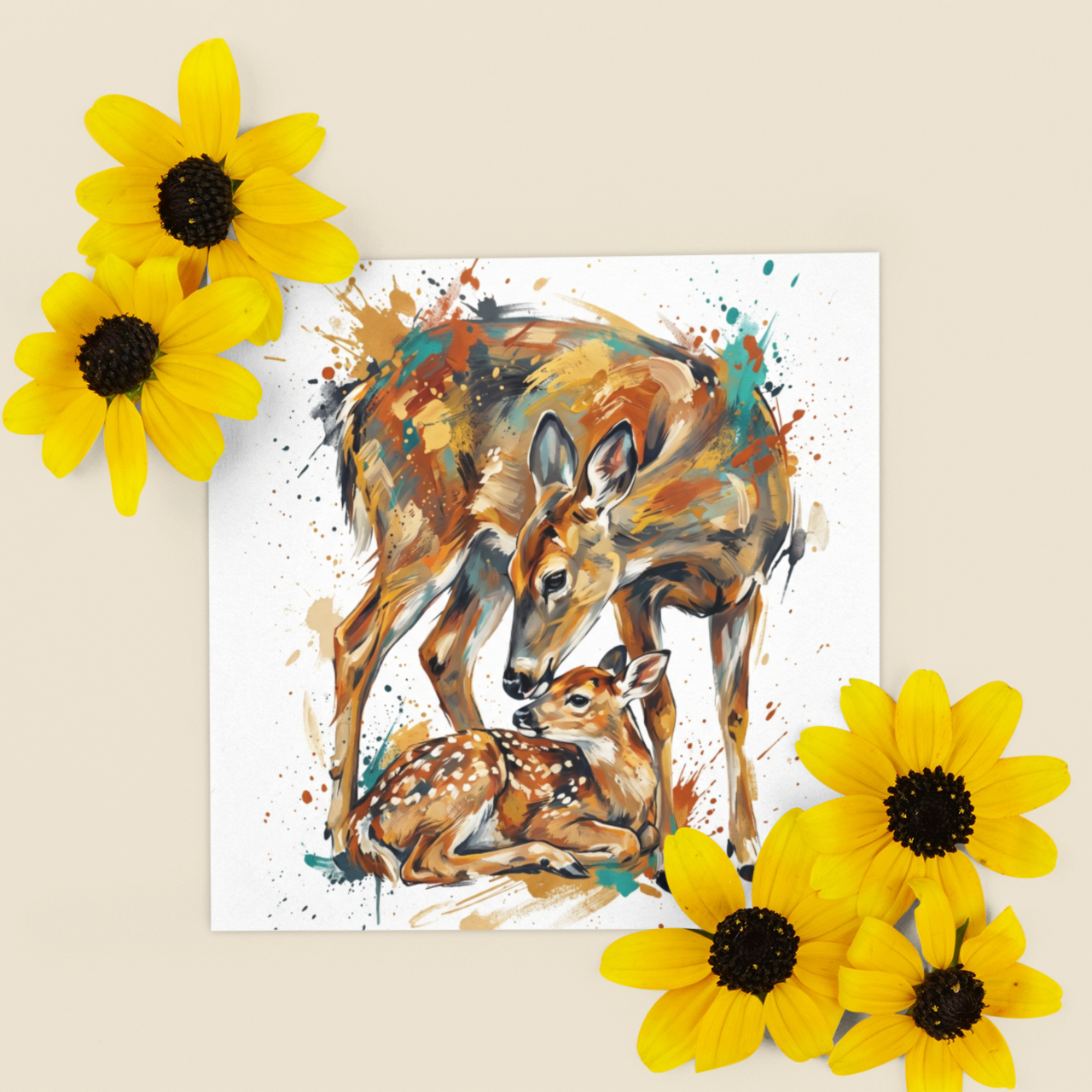 Deer & Fawn – Fine Art Greeting Card (6×6)