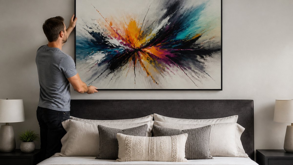 How to Hang Large Art Above a Bed Safely and Well