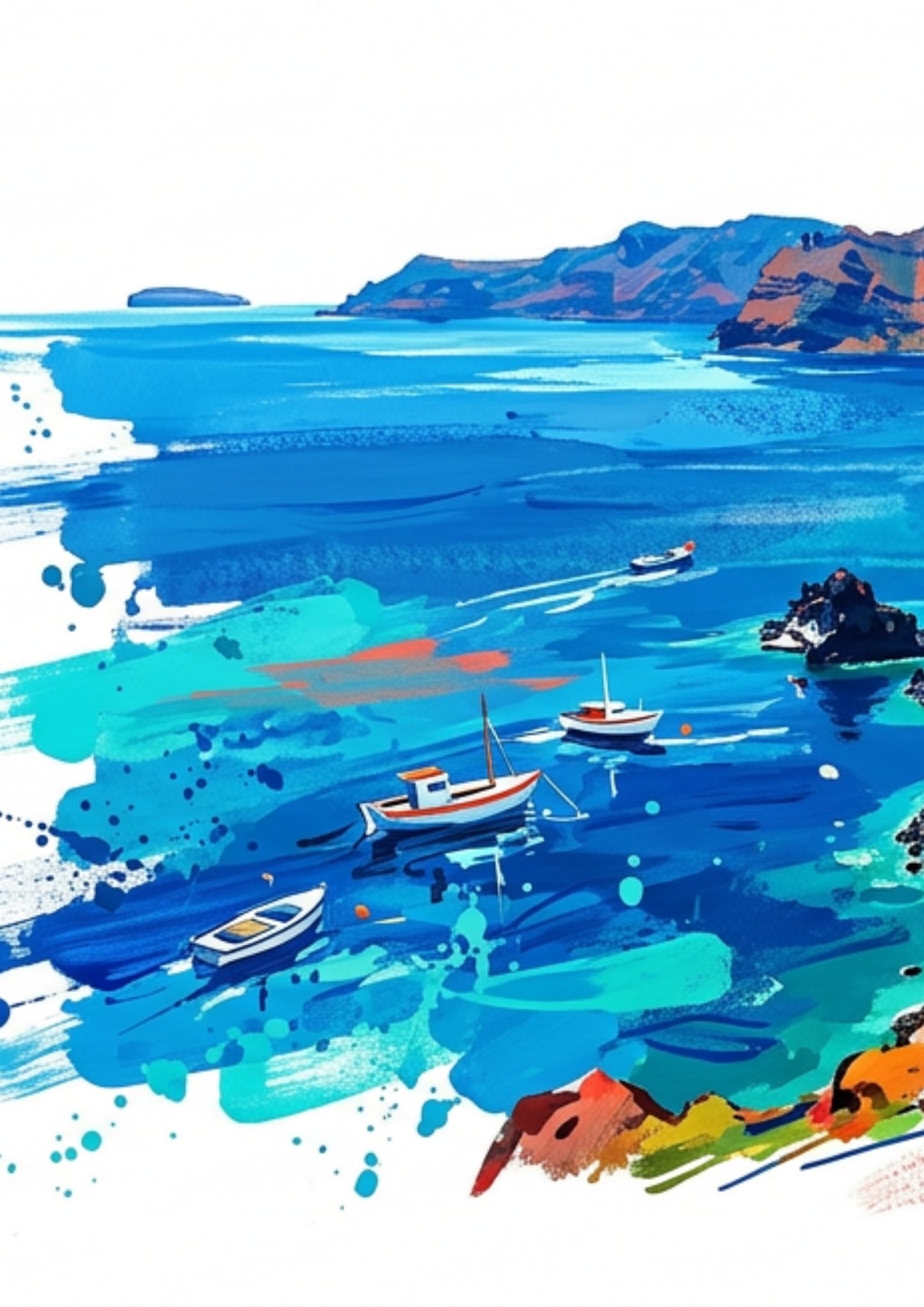 Santorini Triptych Art Print – One Image Across Three Panels | Modern Coloursplash Mediterranean Landscape