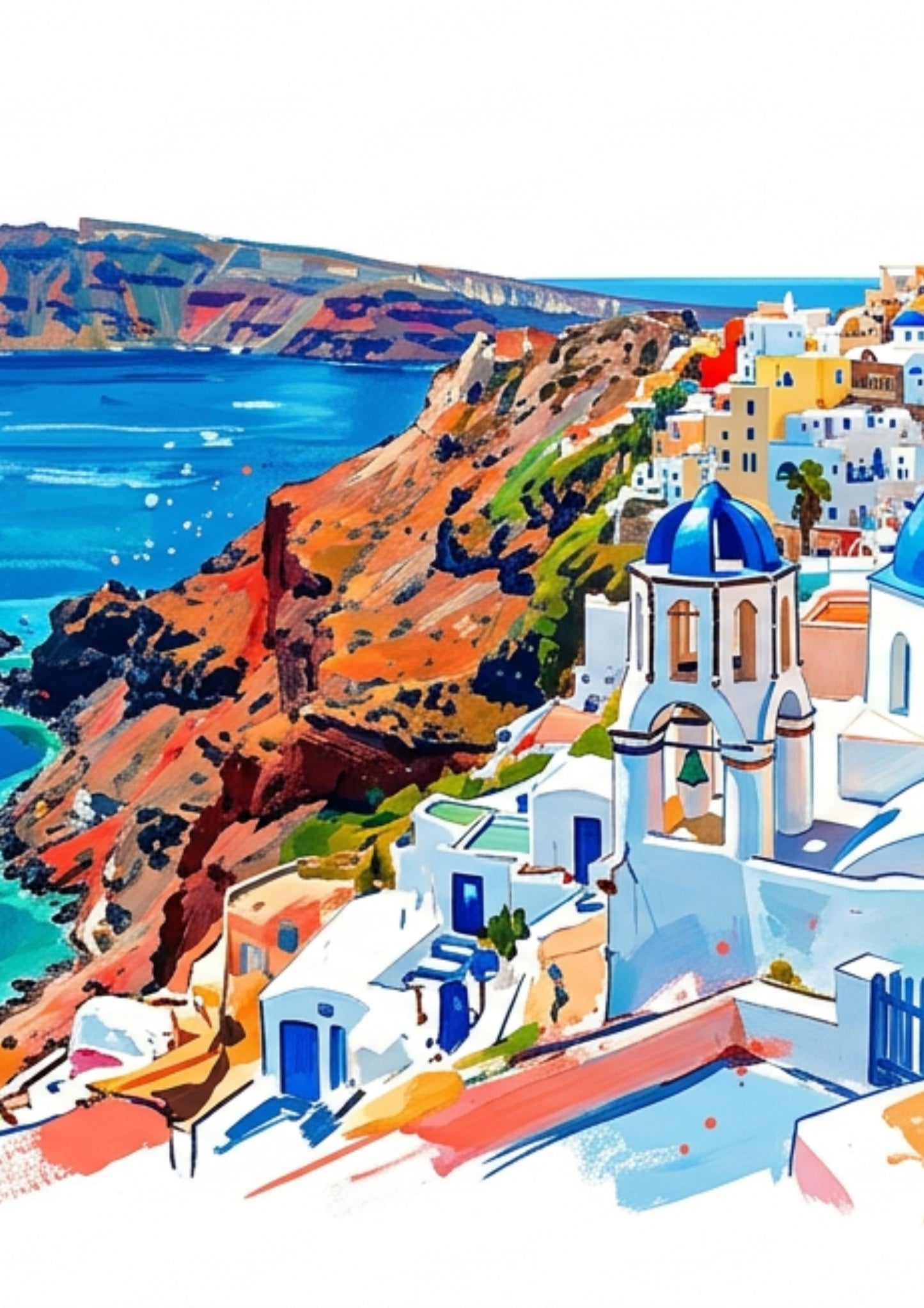 Santorini Triptych Art Print – One Image Across Three Panels | Modern Coloursplash Mediterranean Landscape