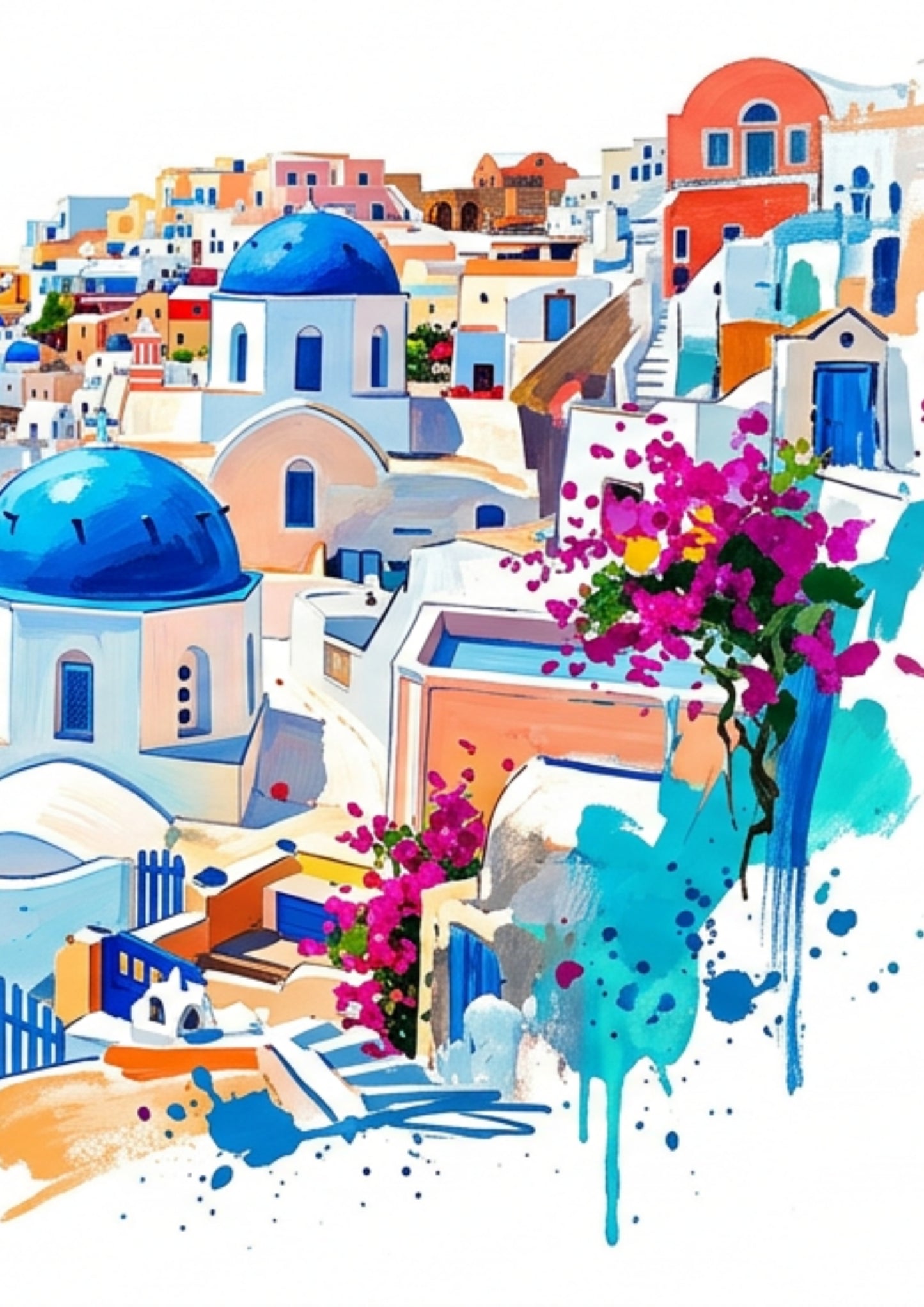 Santorini Triptych Art Print – One Image Across Three Panels | Modern Coloursplash Mediterranean Landscape