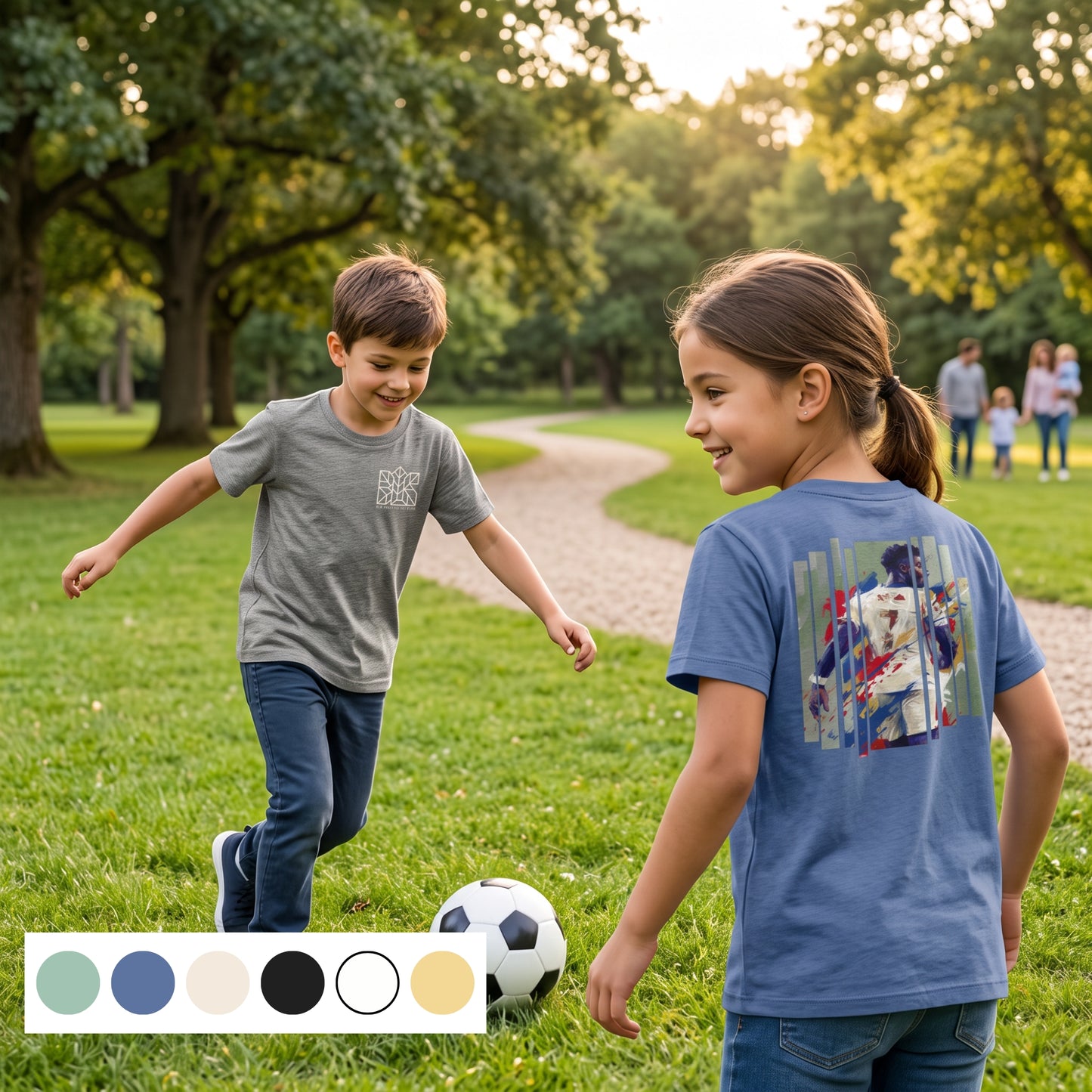 Kids organic cotton T-shirt in blue with colorful football graphic on back