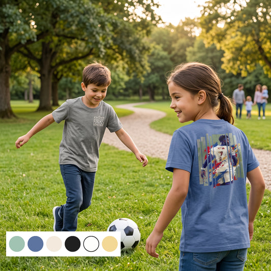 Kids organic cotton T-shirt in blue with colorful football graphic on back