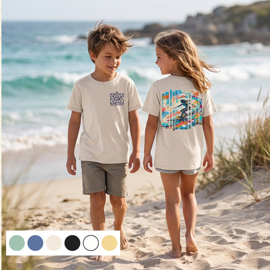 Kids white organic cotton T-shirt with front surfer graphic and crew neck