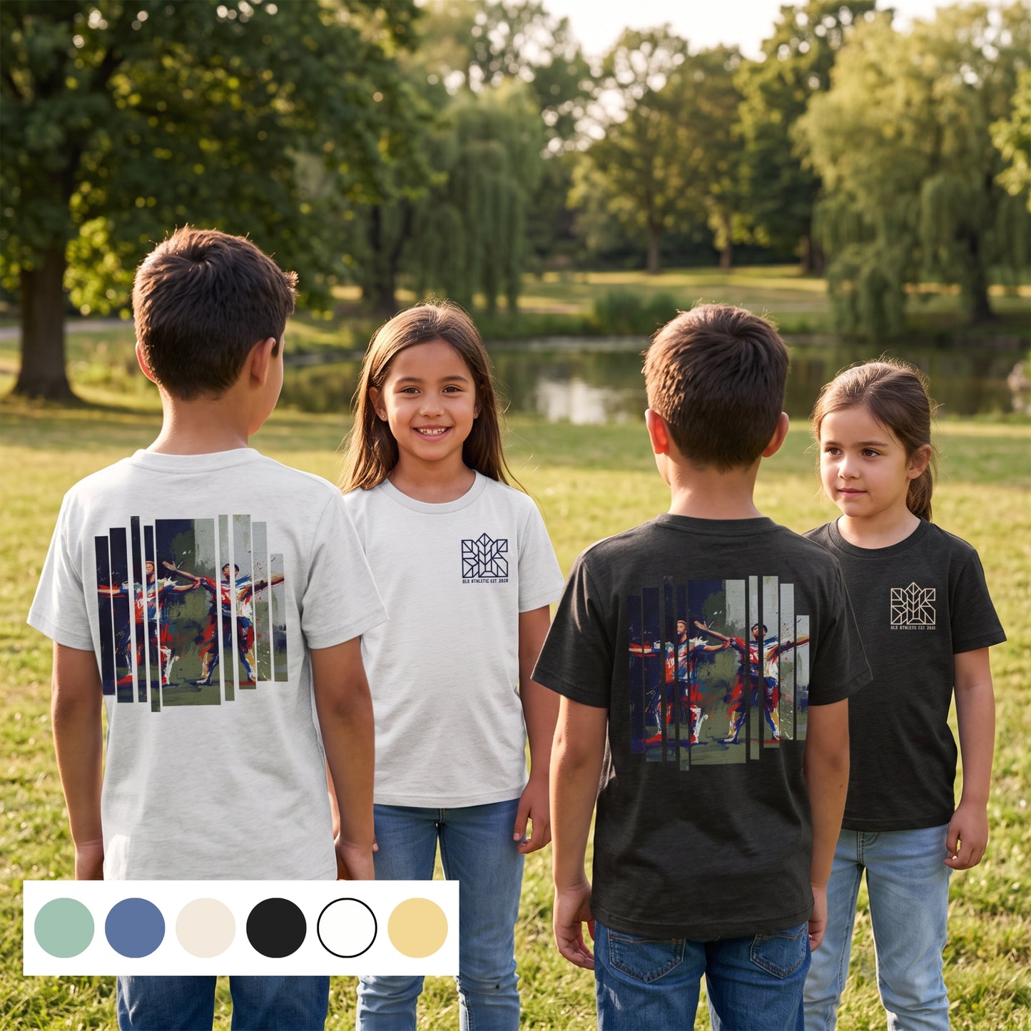 Kids football graphic T-shirts, white and black crew neck, worn outdoors