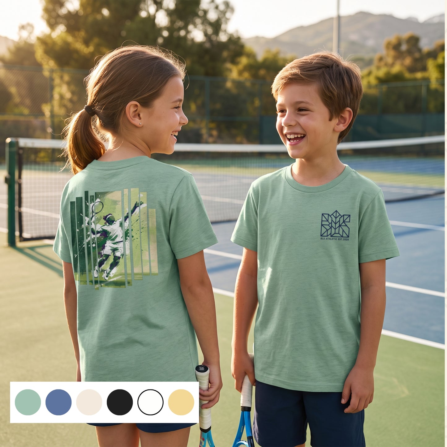 Kids organic cotton tennis T-shirt in green with small front chest graphic