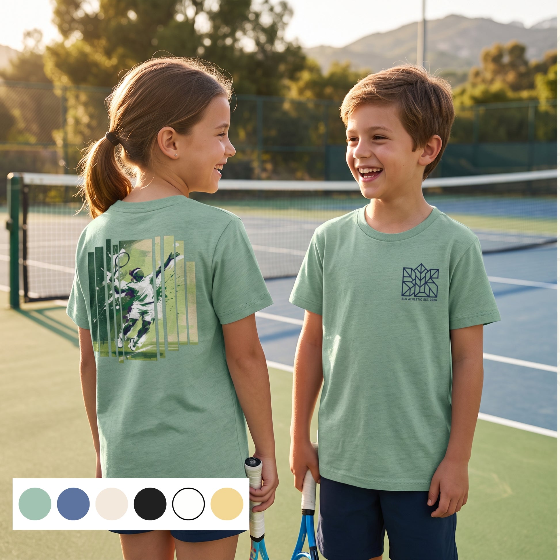 Kids organic cotton tennis T-shirt in green with small front chest graphic