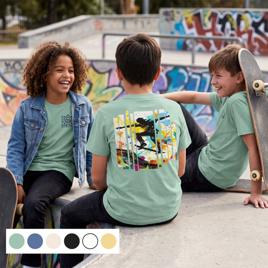 Kids' organic cotton T-shirt, green, colorful square skatepark graphic on back