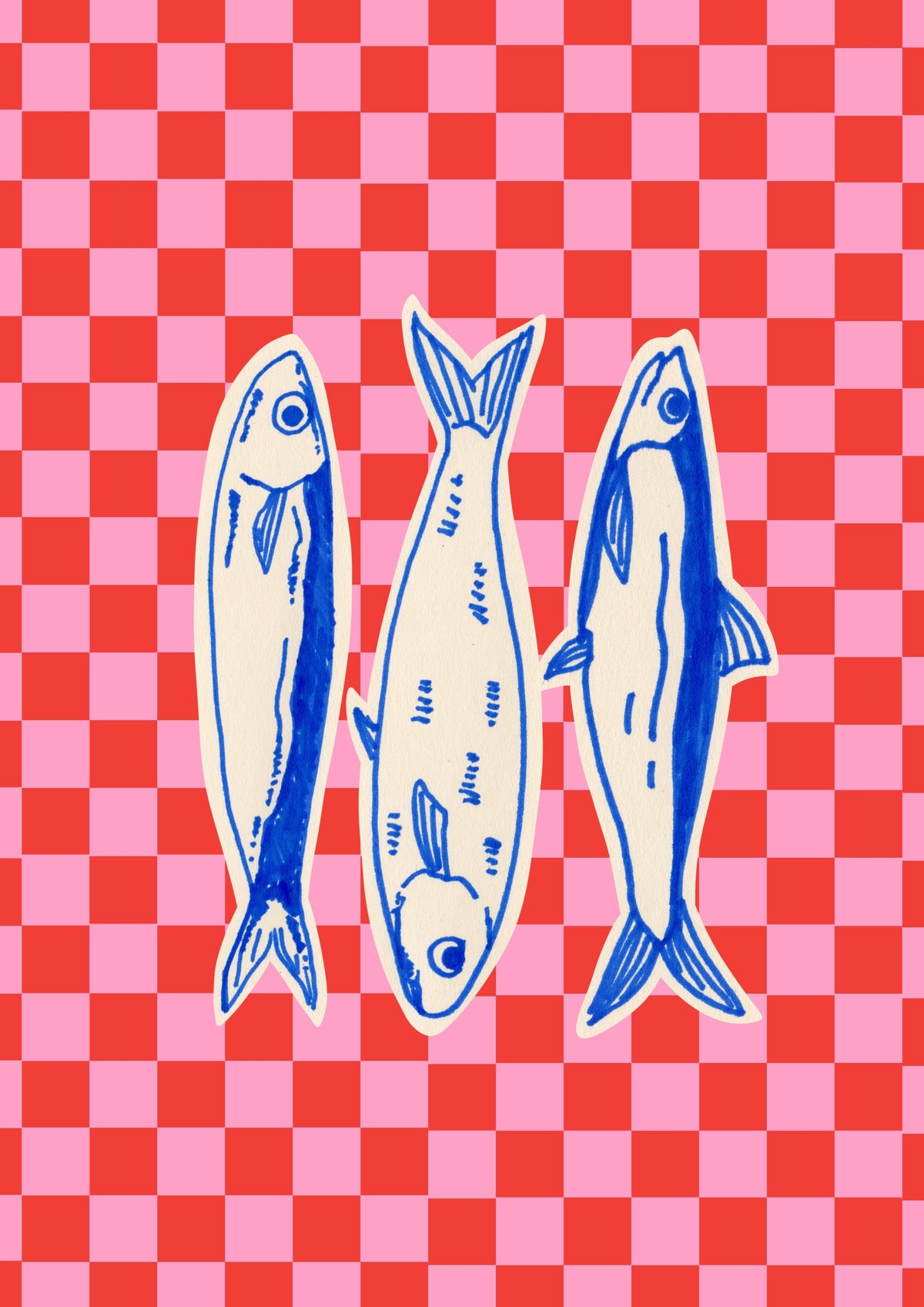 Three fish checkerboard art print with red and pink patterned background