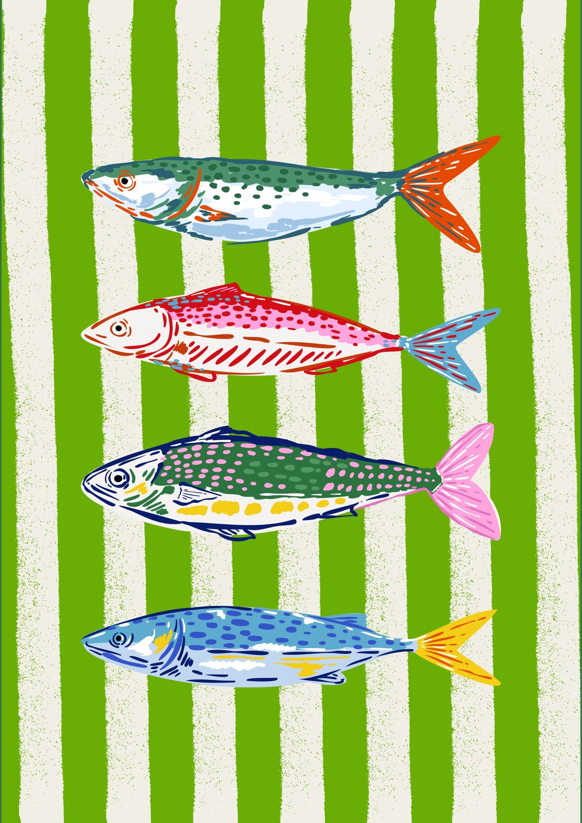 Four-fish green stripe art print, four fish illustration on green-and-white stripes