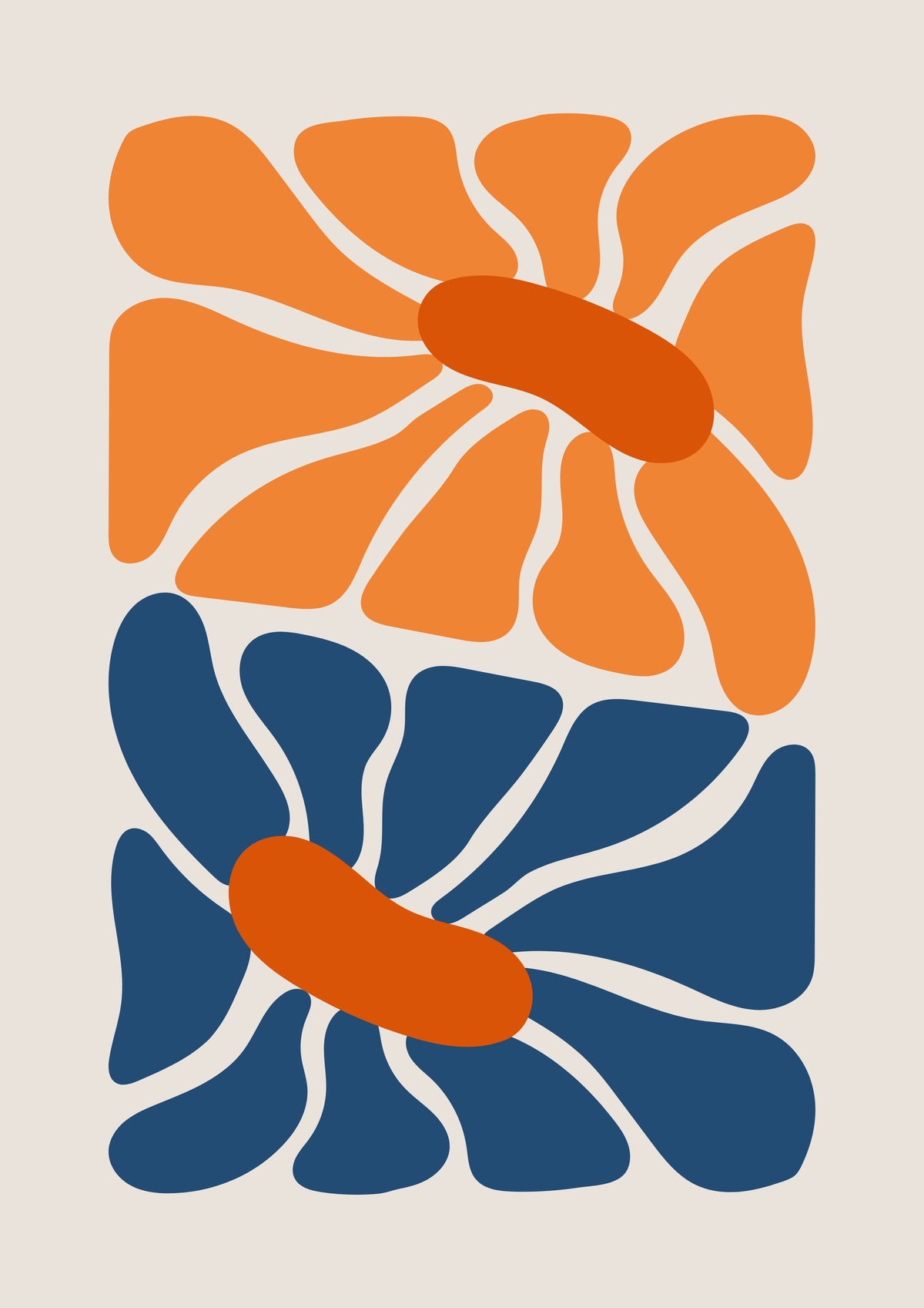 Abstract floral art print featuring orange blossoms, navy blocks, and white accents