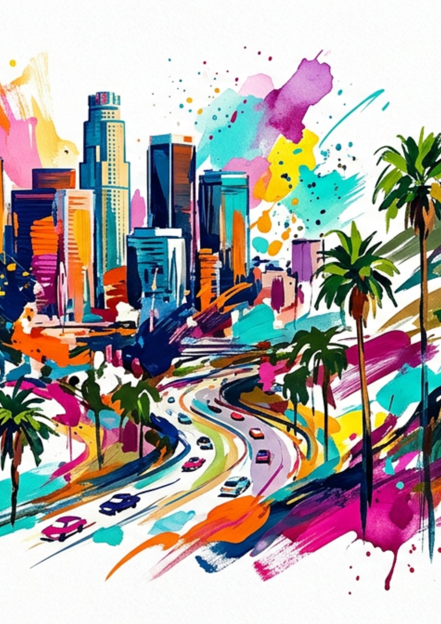 LA Coloursplash Triptych – Expressive California Cityscape Art – One Image Across Three Panels