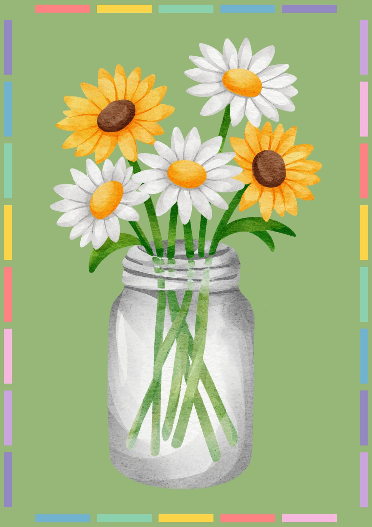 Floral art print of sunflowers and daisies in a gray mason jar, full design