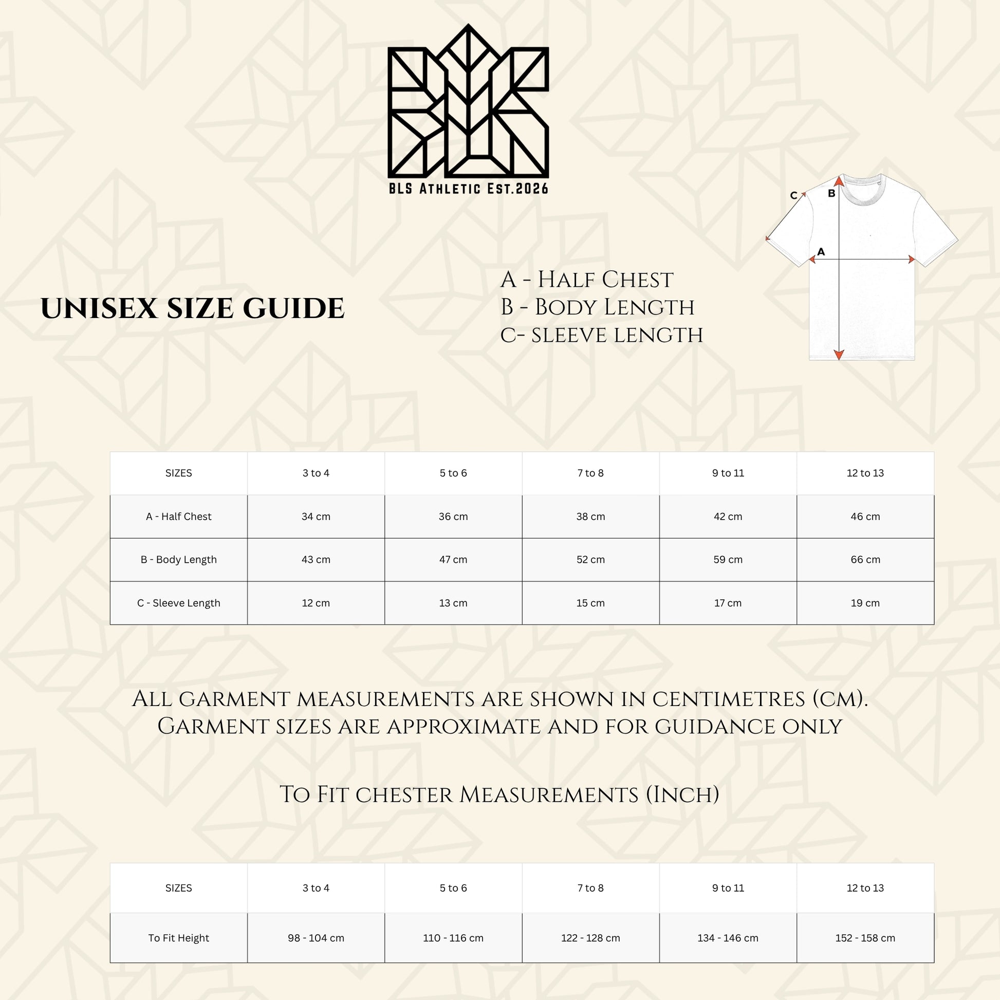 Unisex size guide for T-shirt with front diagram and measurement chart
