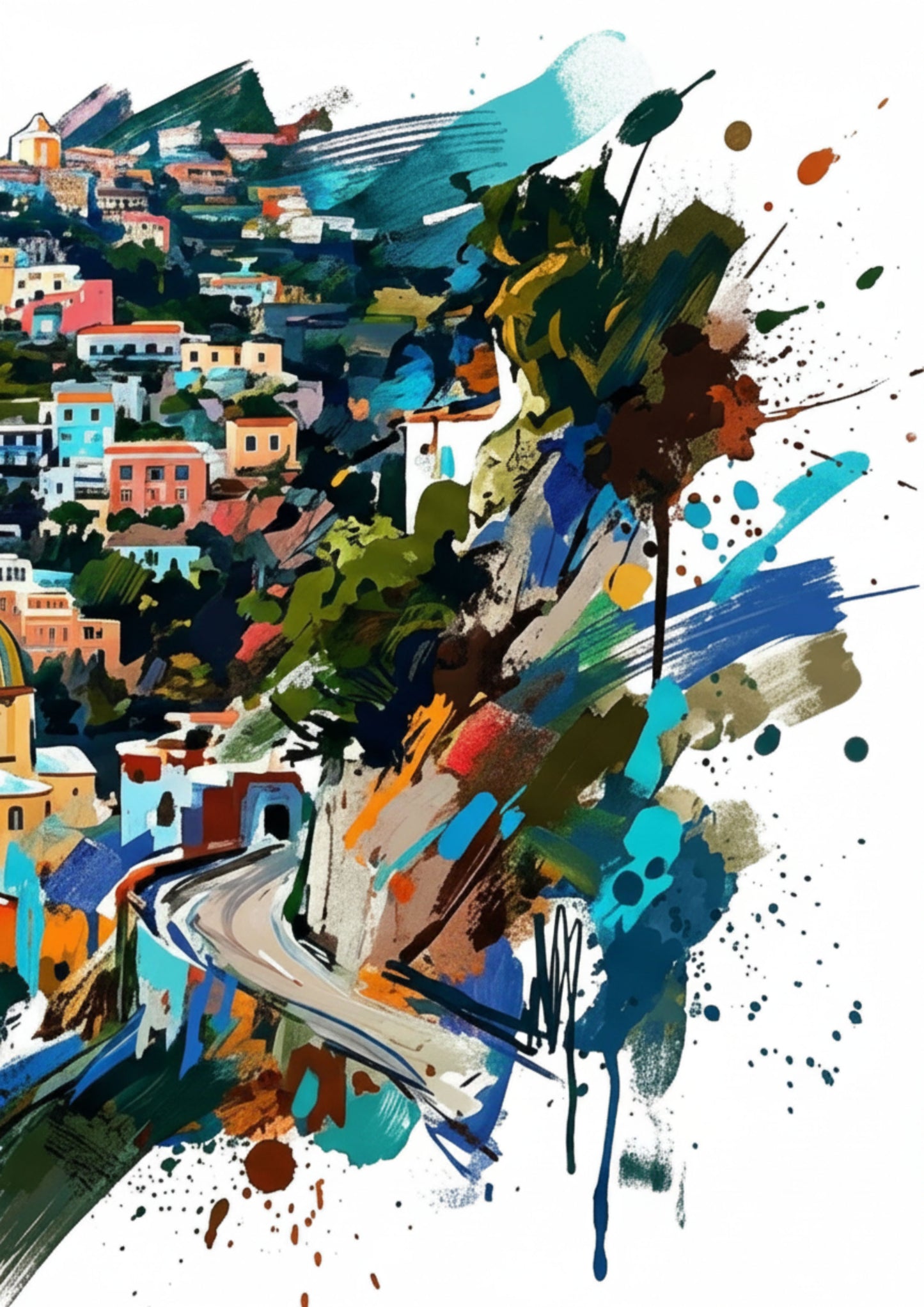 Positano Triptych Art Print – One Image Across Three Panels | Modern Coloursplash Mediterranean Coastline