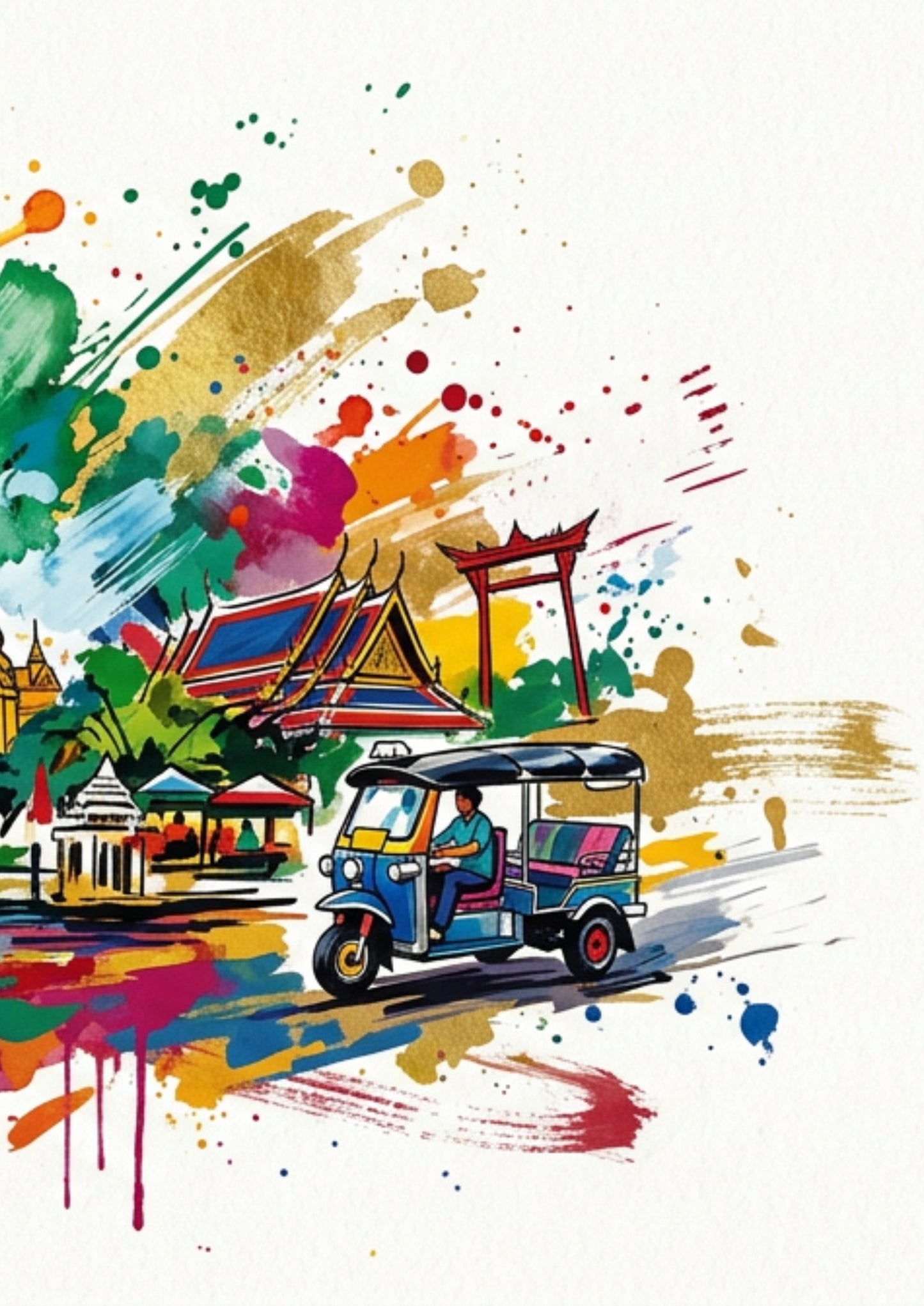 Thailand Temple & Tuk‑Tuk Triptych – Colourful Travel Art