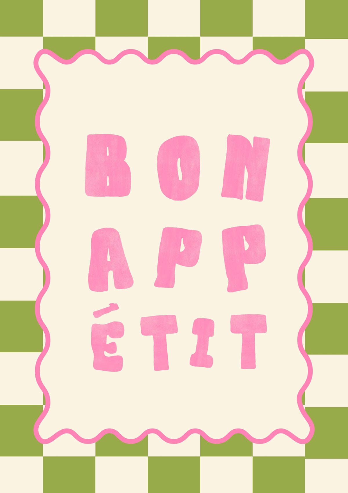 Bon Appetit checkerboard art print with large pink letters and scalloped pink outline