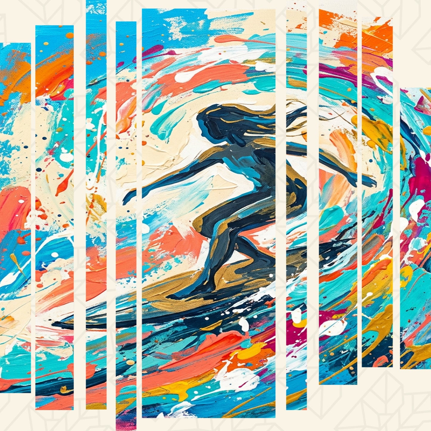 Colorful surf-style graphic print on T-shirt fabric with blue and orange splashes