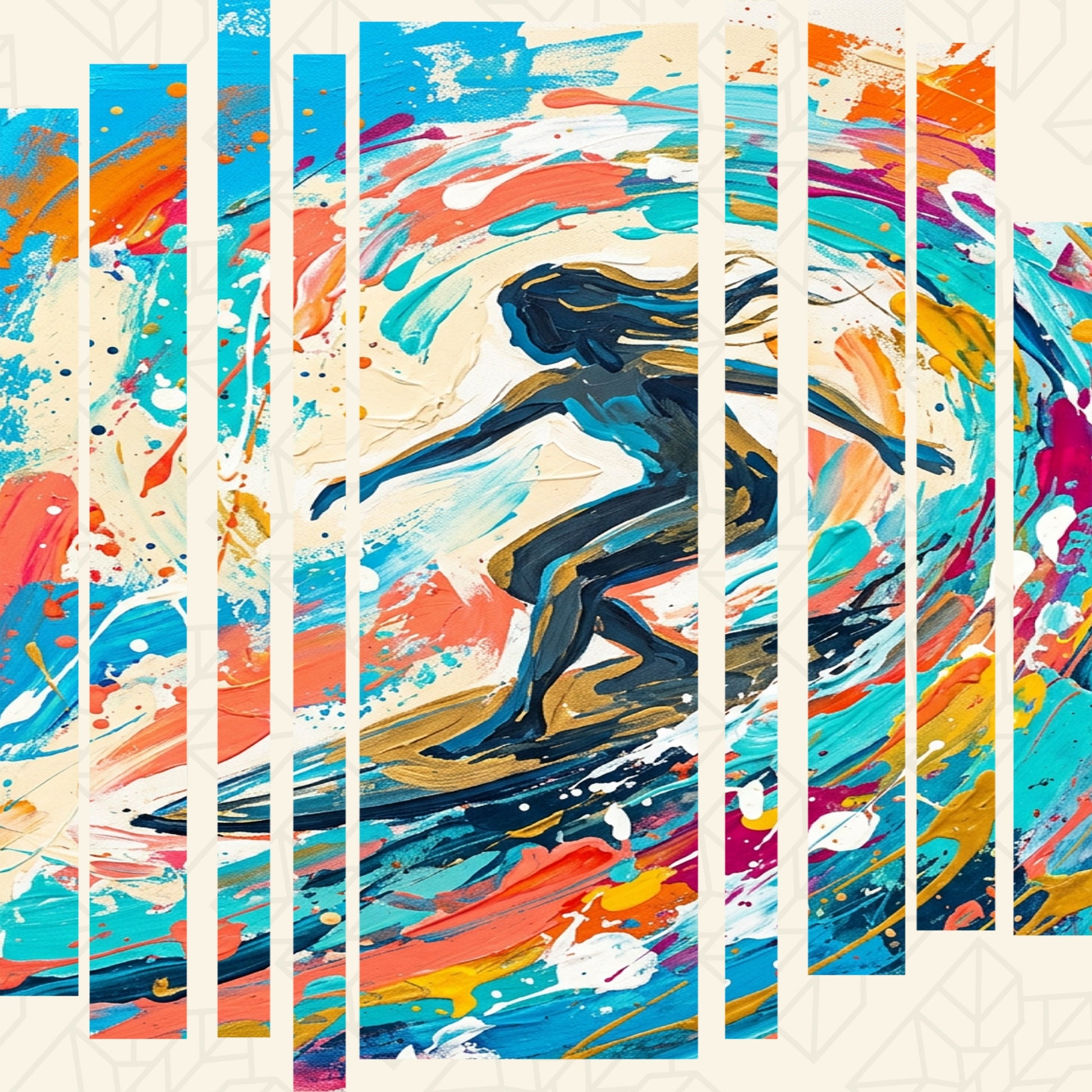 Colorful surf-style graphic print on T-shirt fabric with blue and orange splashes
