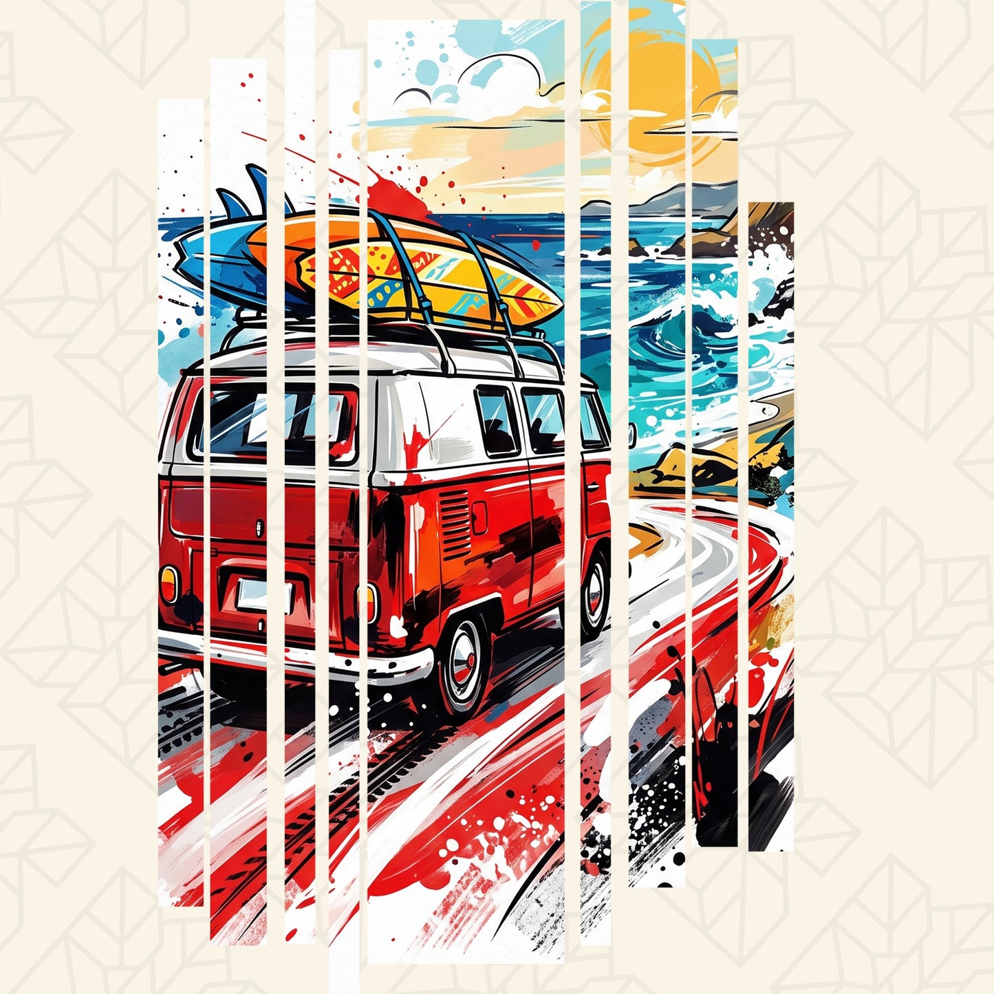 Light T-shirt with large colorful retro camper van graphic on back