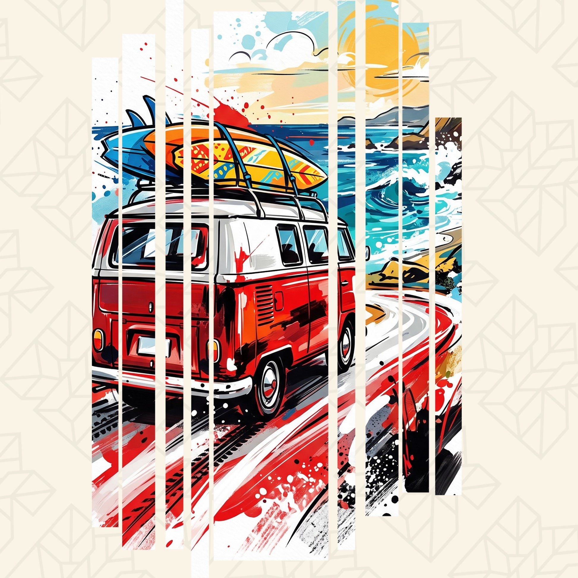Light T-shirt with large colorful retro camper van graphic on back