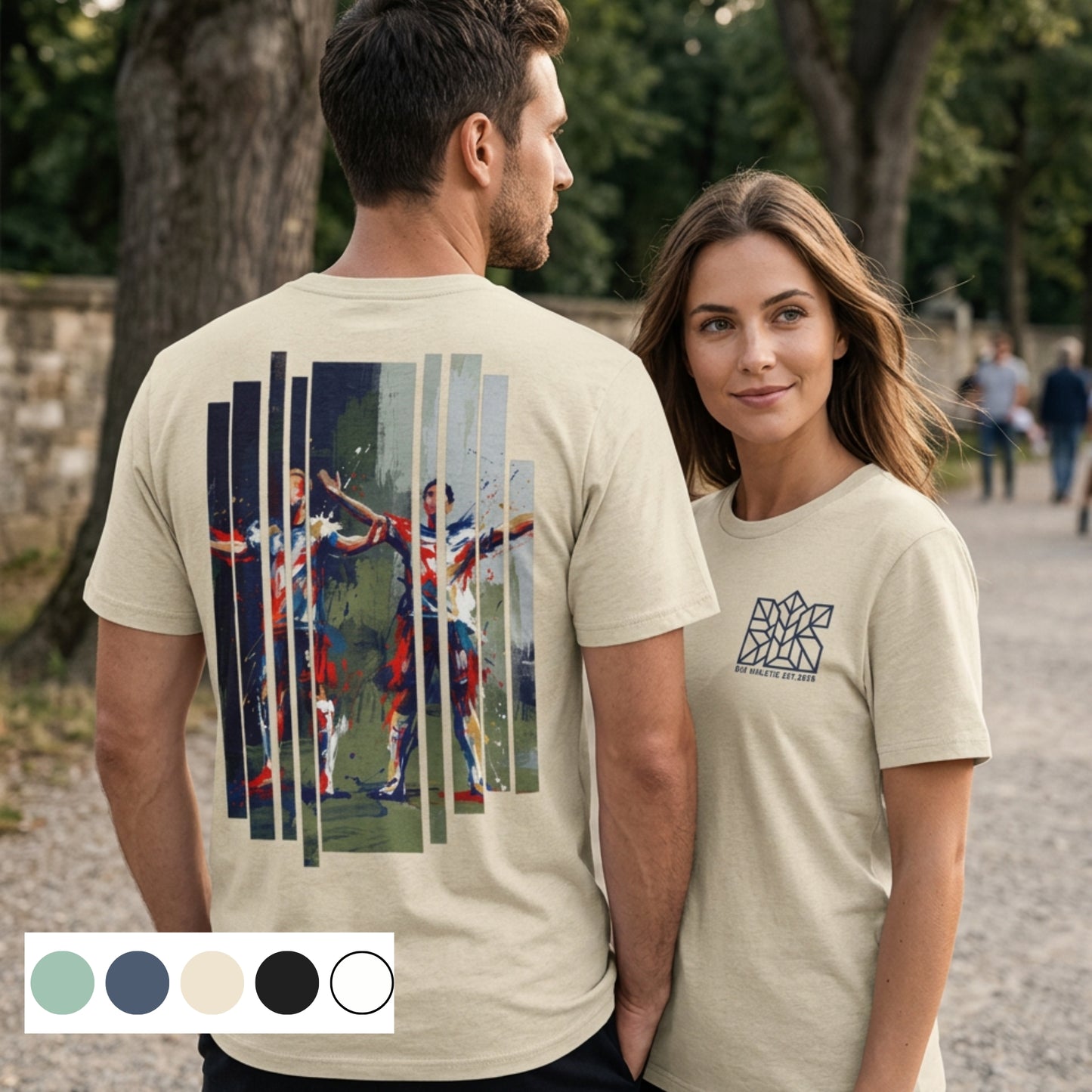 Beige T-shirt with vertical England flag graphic on back and small chest logo