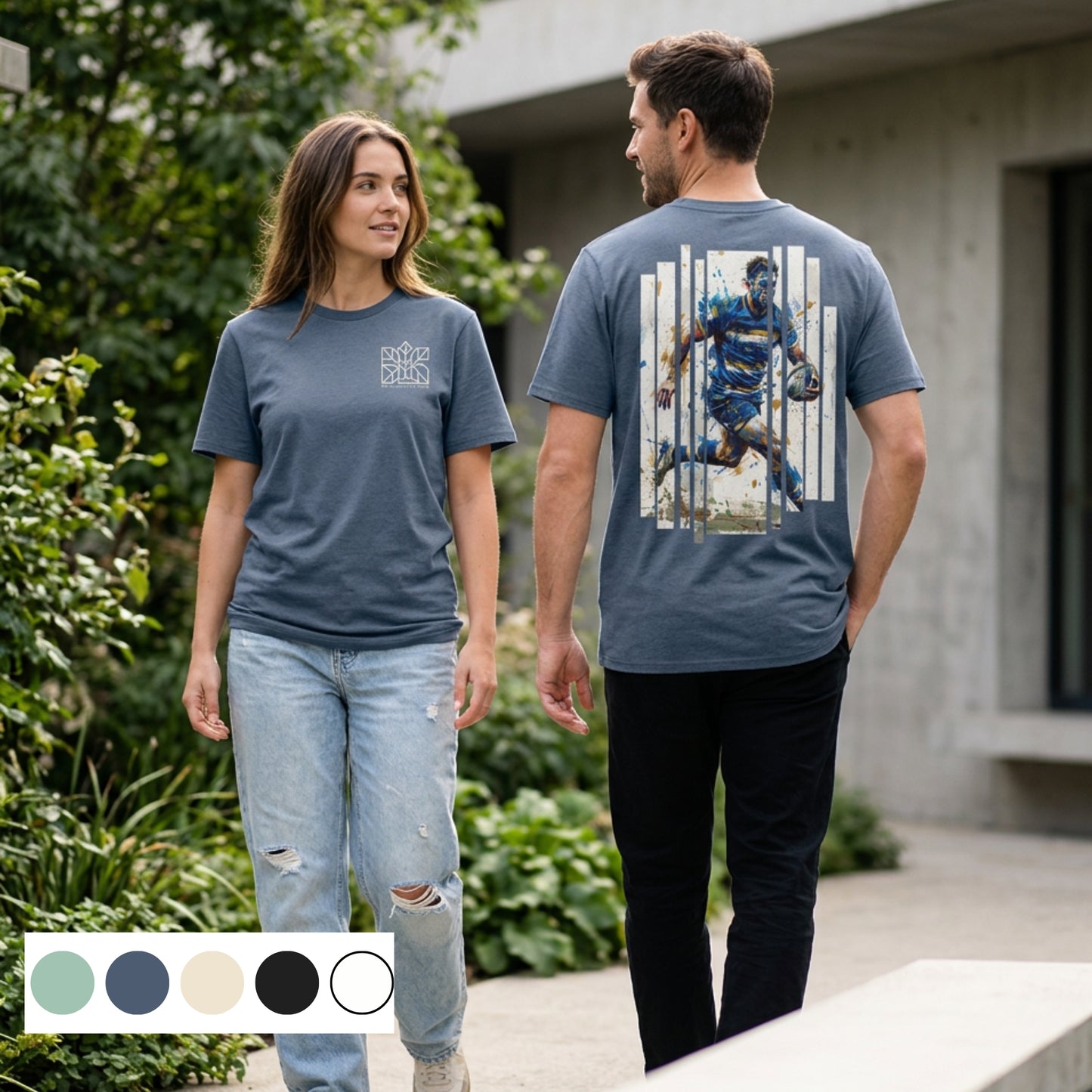 Heather blue rugby T-shirt with small front logo and large back graphic, short sleeves.