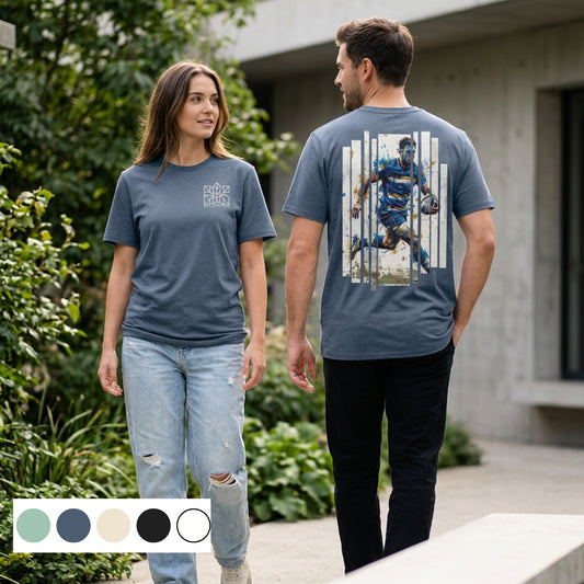 Heather blue rugby T-shirt with small front logo and large back graphic, short sleeves.