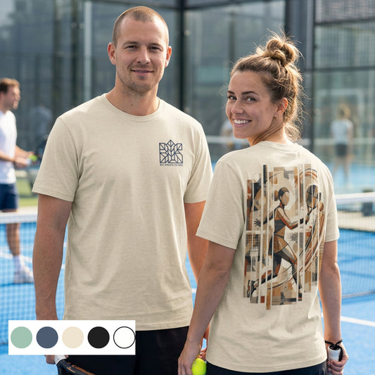 Athletic padel T-shirt in cream with small chest logo and large back graphic