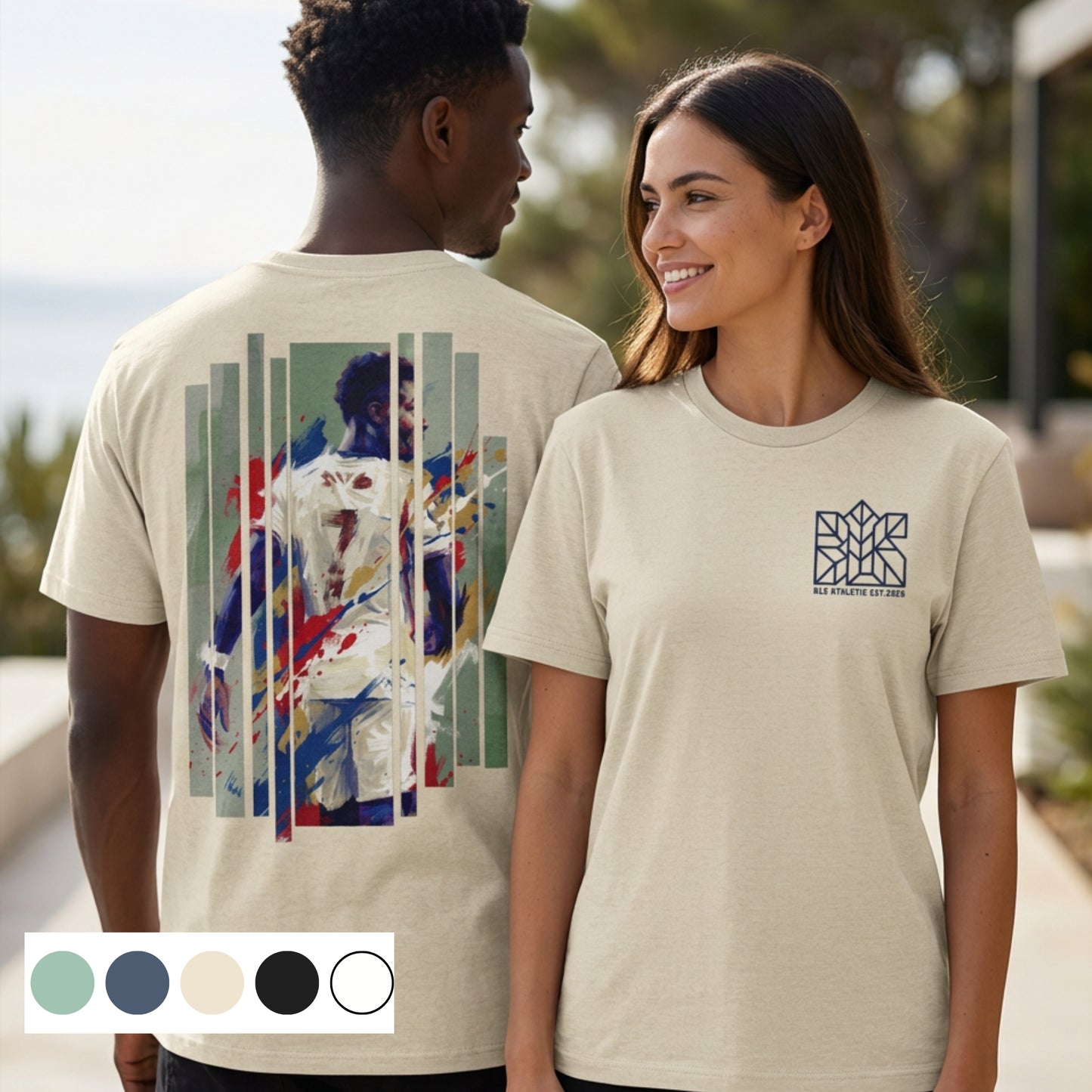 Cream cotton T-shirt with small chest emblem and large Union Jack-style back graphic