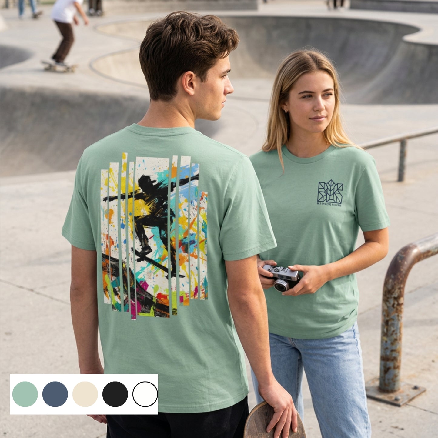 Mint green unisex T-shirt with skate back art and small chest logo