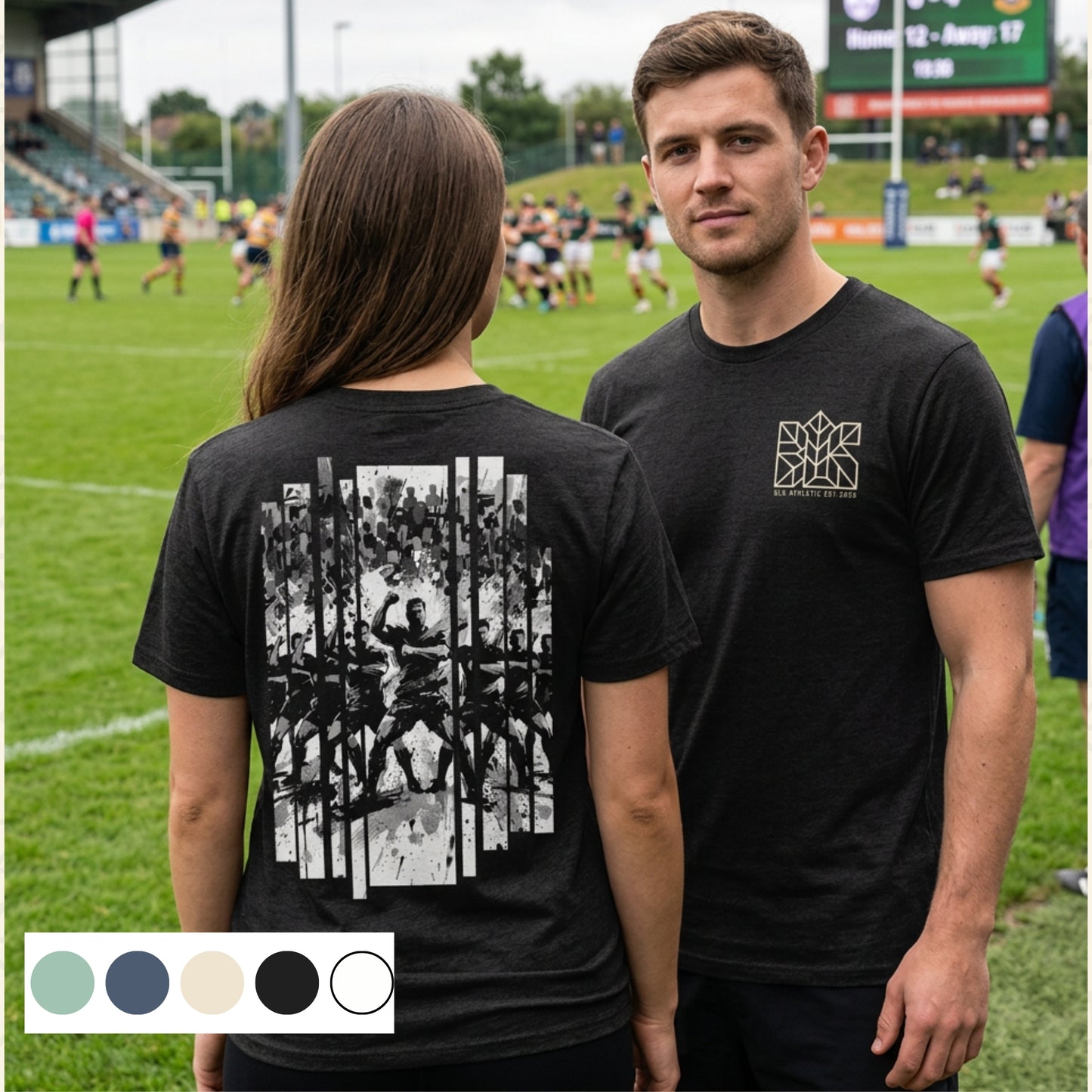 Unisex black rugby tee worn by model, large back graphic and small chest logo