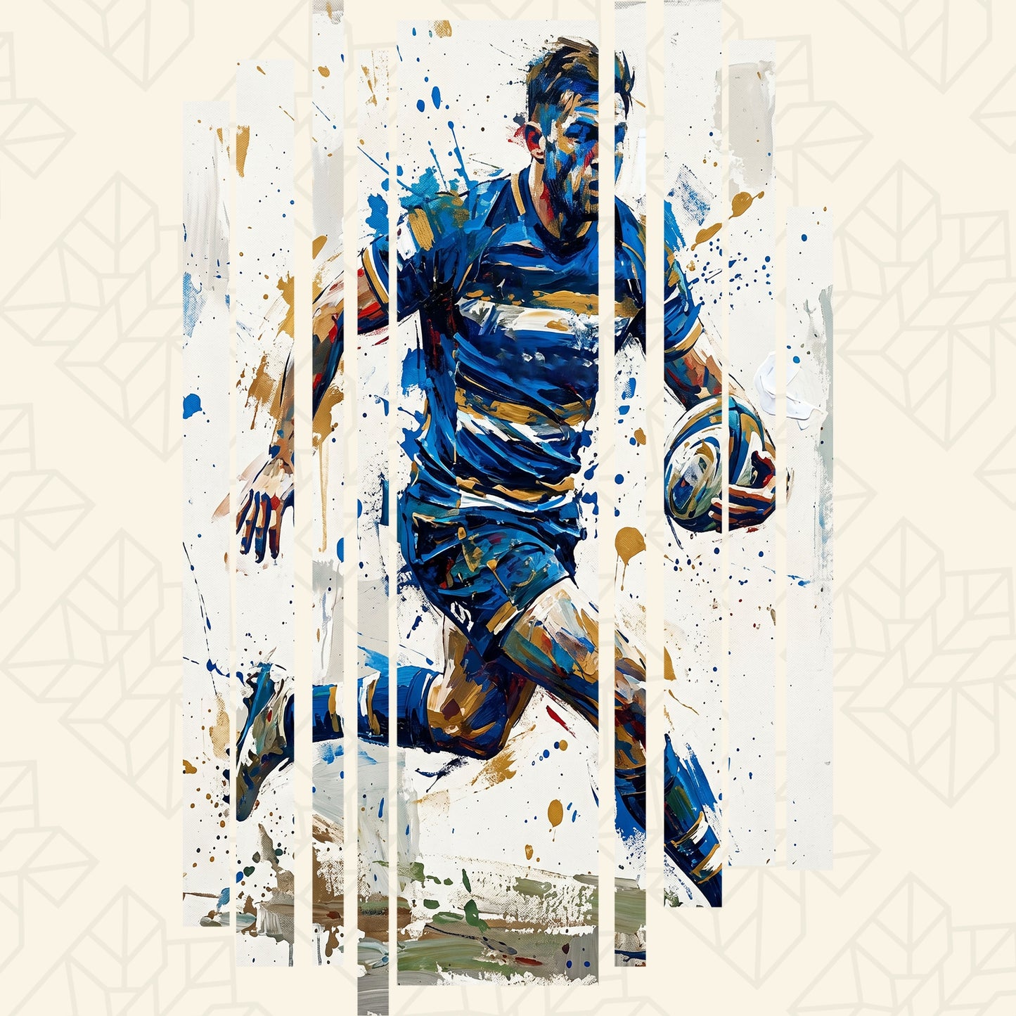 Rugby T-shirt with blue abstract graphic print, short sleeves, crew neck.