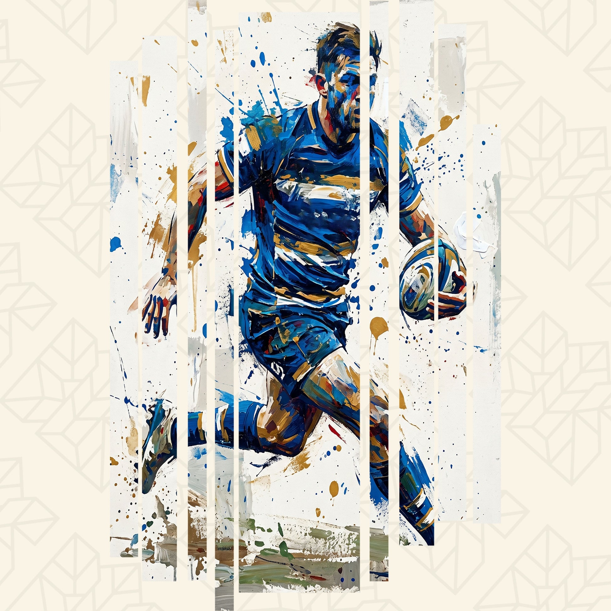 Rugby T-shirt with blue abstract graphic print, short sleeves, crew neck.