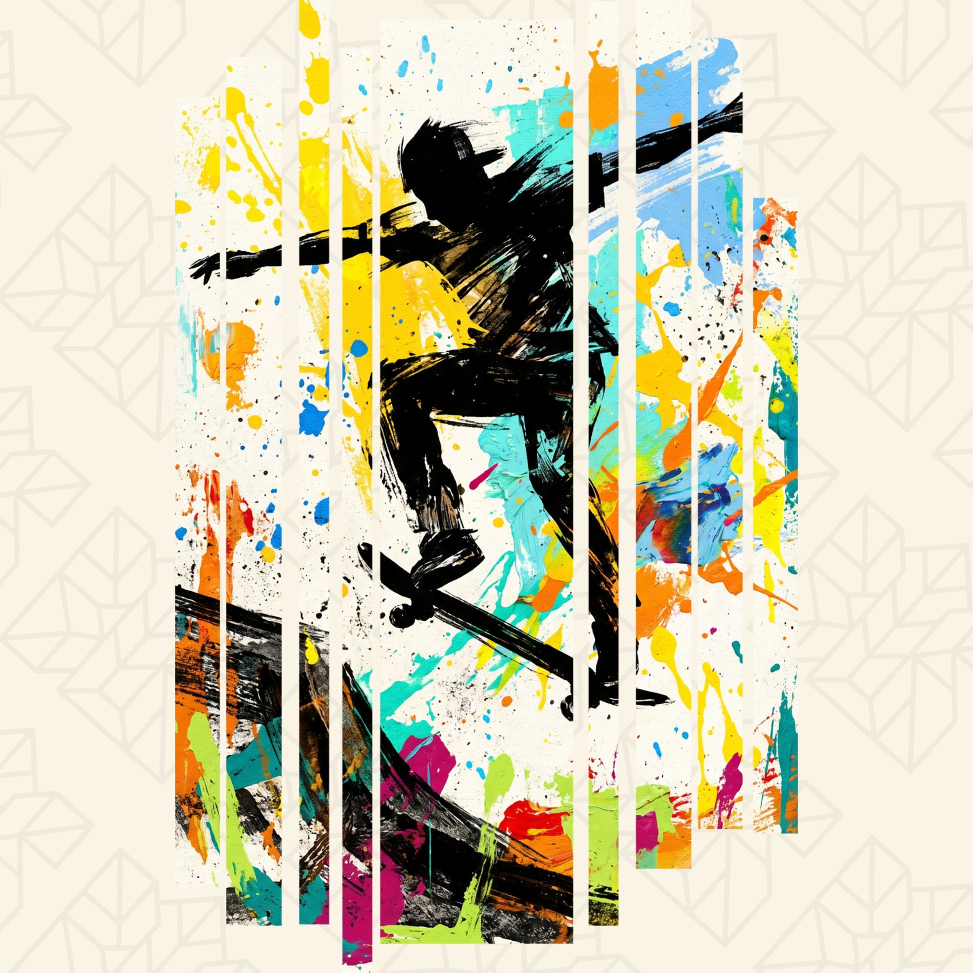 White unisex T-shirt with colorful skate silhouette graphic and vertical splatter stripes