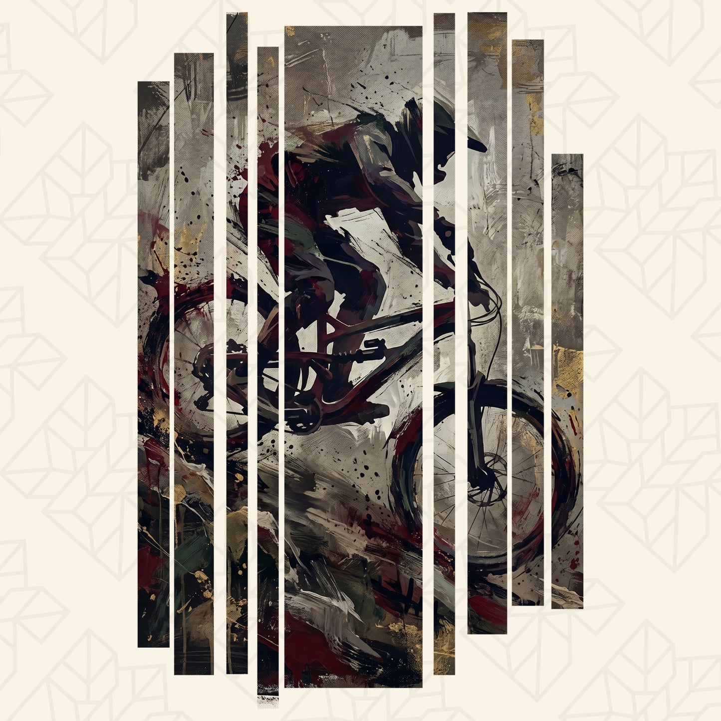 Black tee graphic artwork of downhill rider in vertical stripe panels