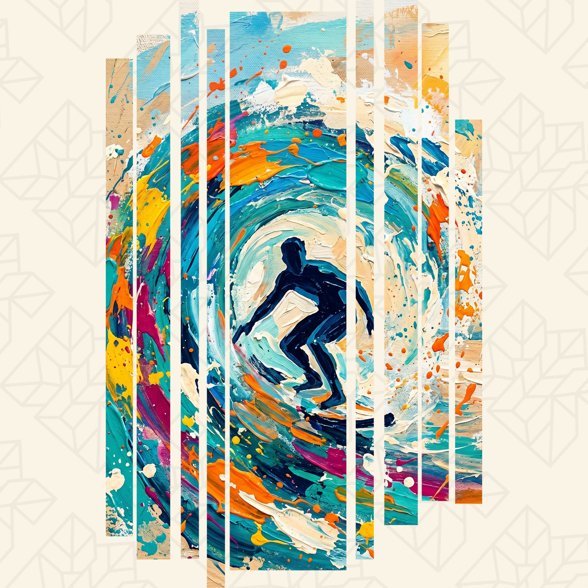 Unisex surf ritual tee artwork panel: colorful wave spray with blue surfer silhouette