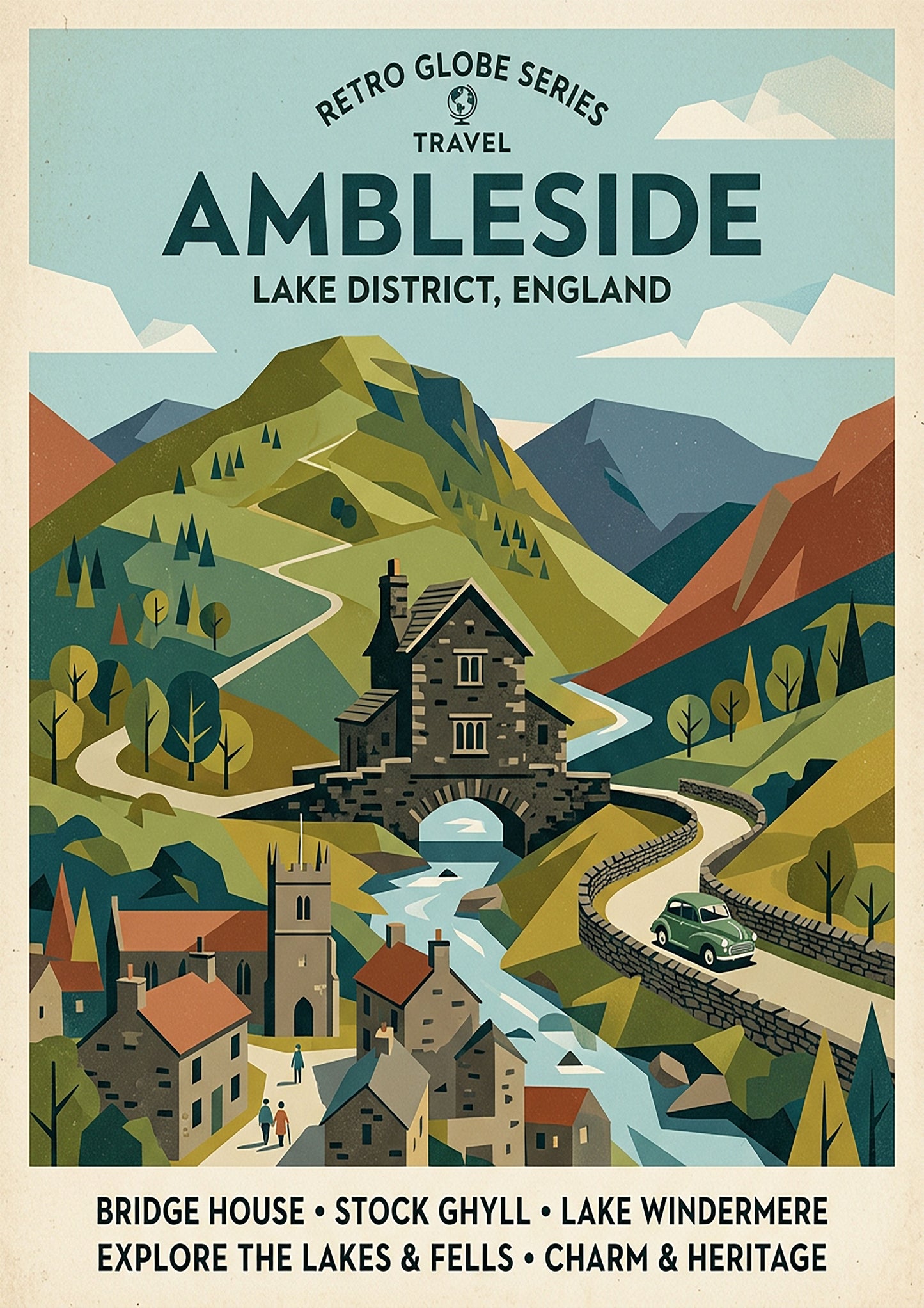 Ambleside Lake District Art Print – Retro Vintage Travel Poster