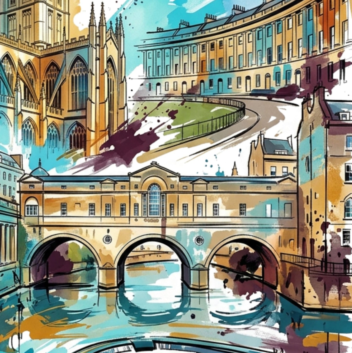 Bath Coloursplash Art Print | Modern Watercolour Travel Poster | Bath Wall Art