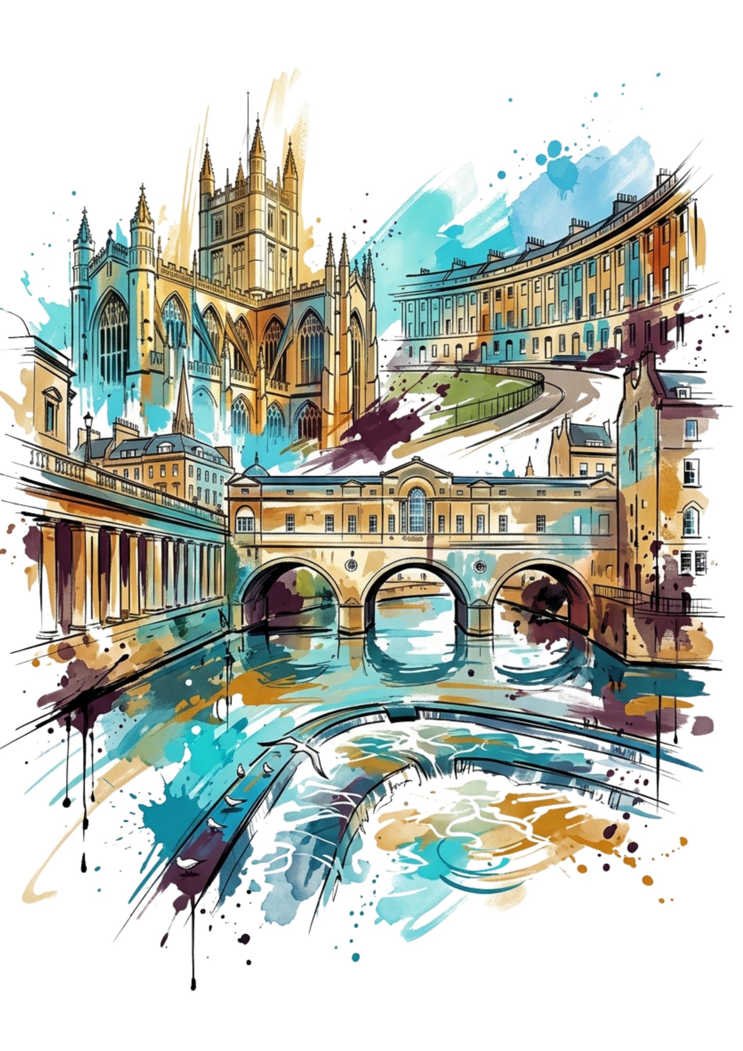 Bath Coloursplash Art Print | Modern Watercolour Travel Poster | Bath Wall Art