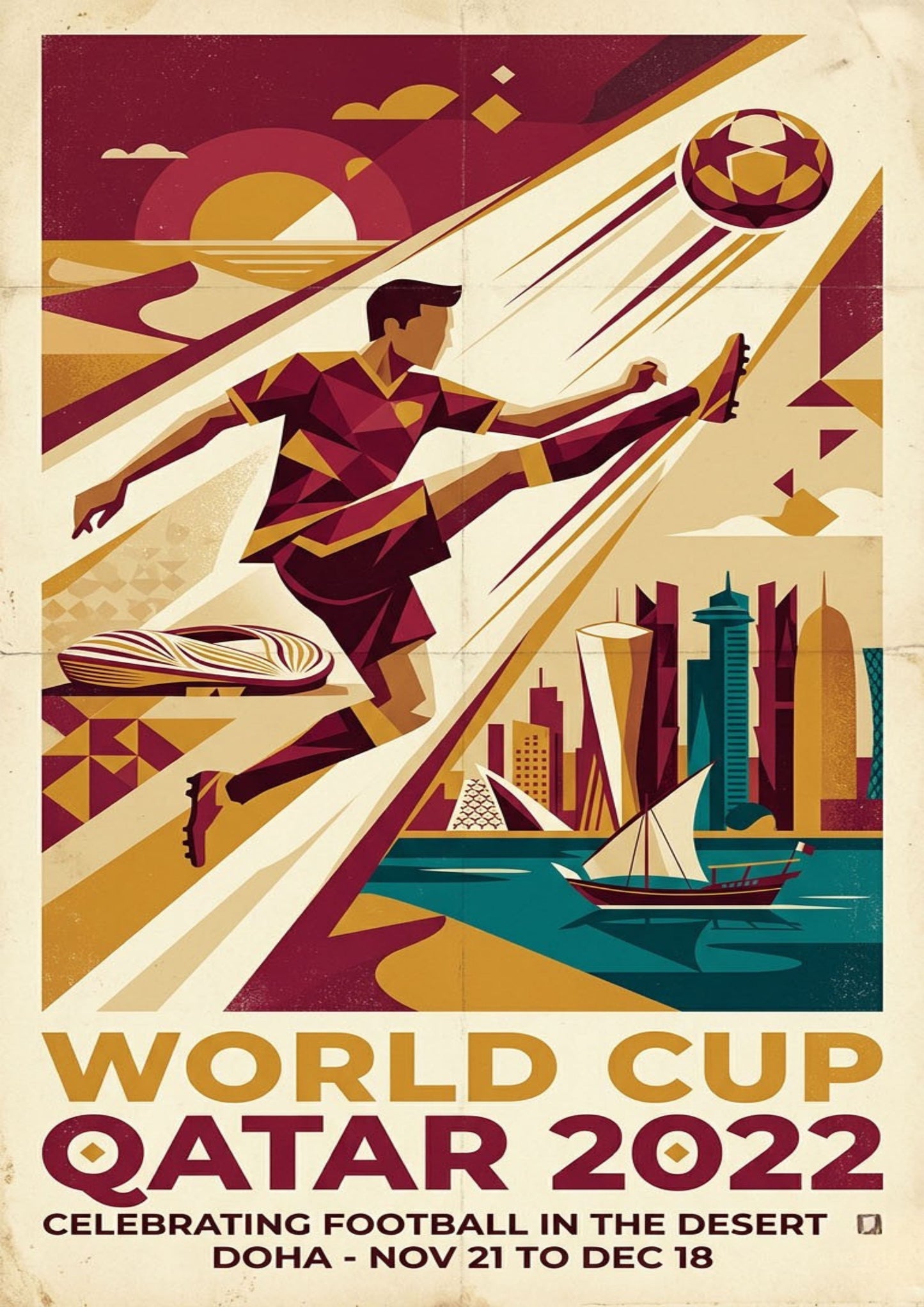 Qatar 2022 Retro Football Art Print – Doha Skyline & Abstract Player
