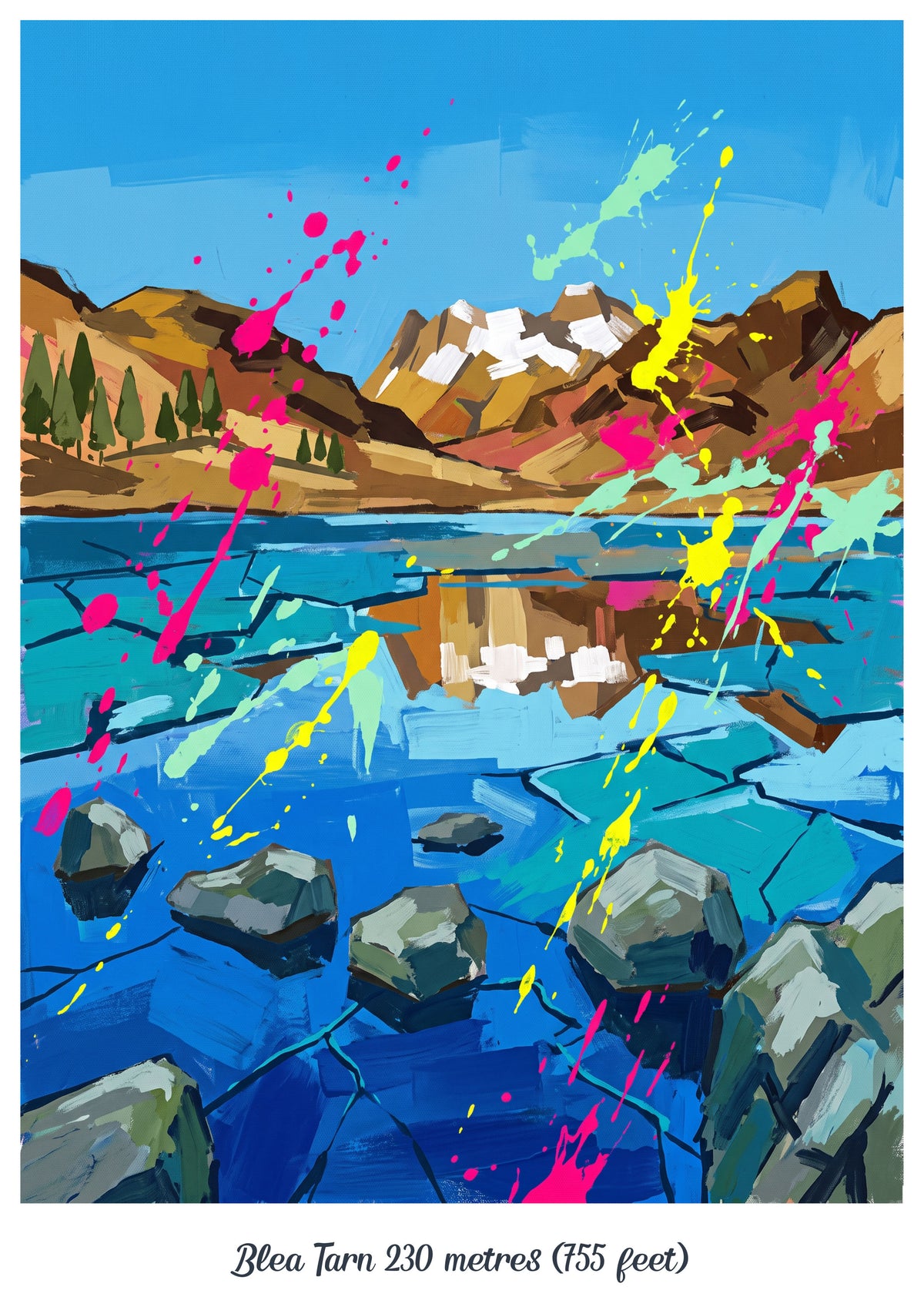 Lake landscape art print with 'Blea Tarn 230 metres (455 feet)' caption and colorful splashes