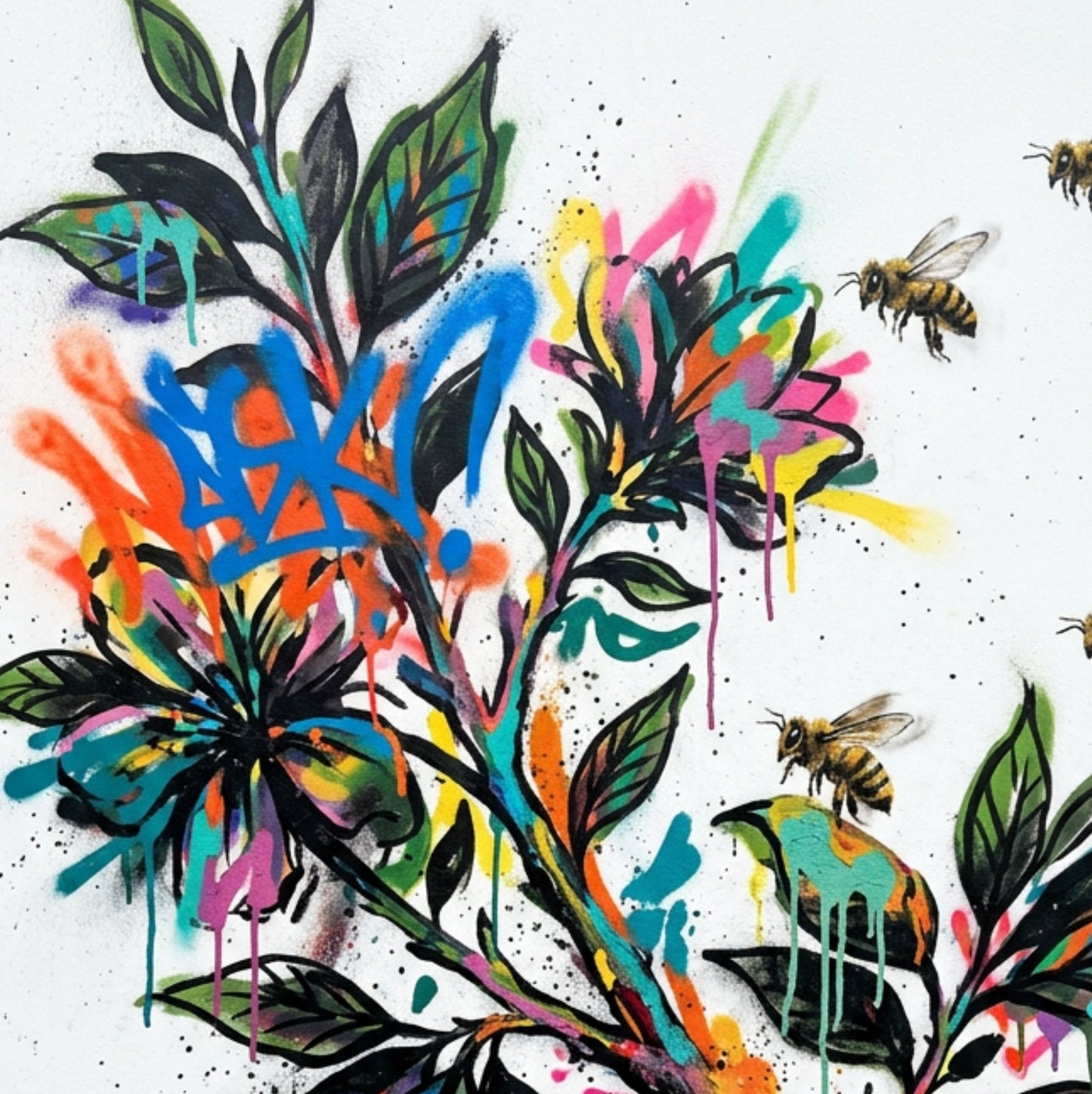 Bee & Blossom Art Print – Expressive Botanical Graffiti‑Style Wall Art