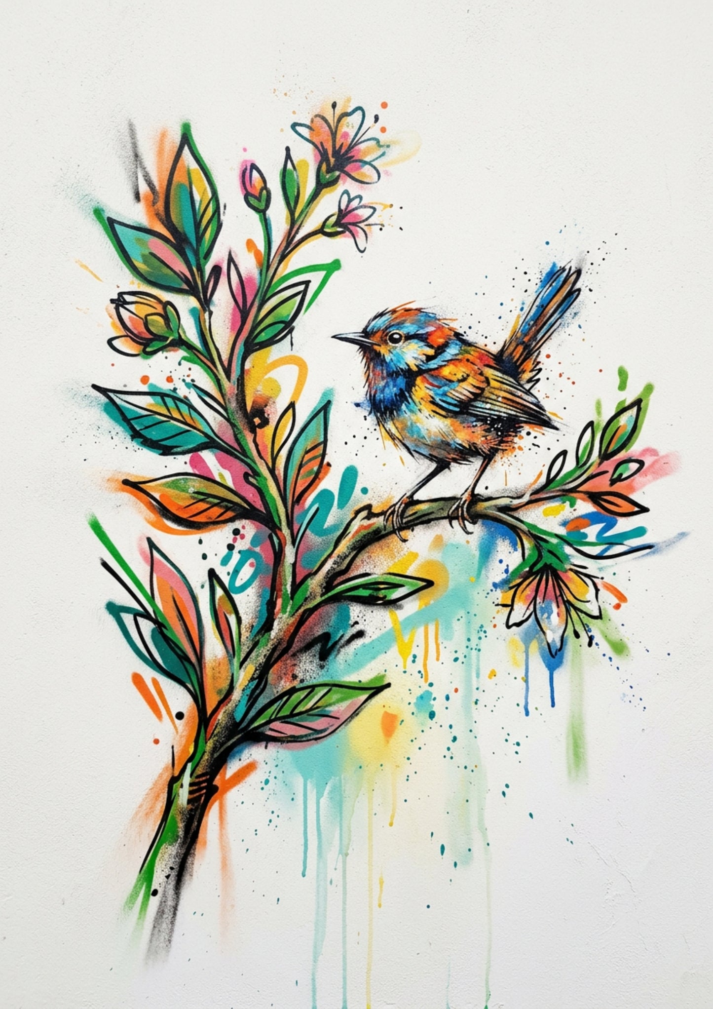 Bird & Blossom Art Print – Expressive Botanical Graffiti‑Style Wall Art