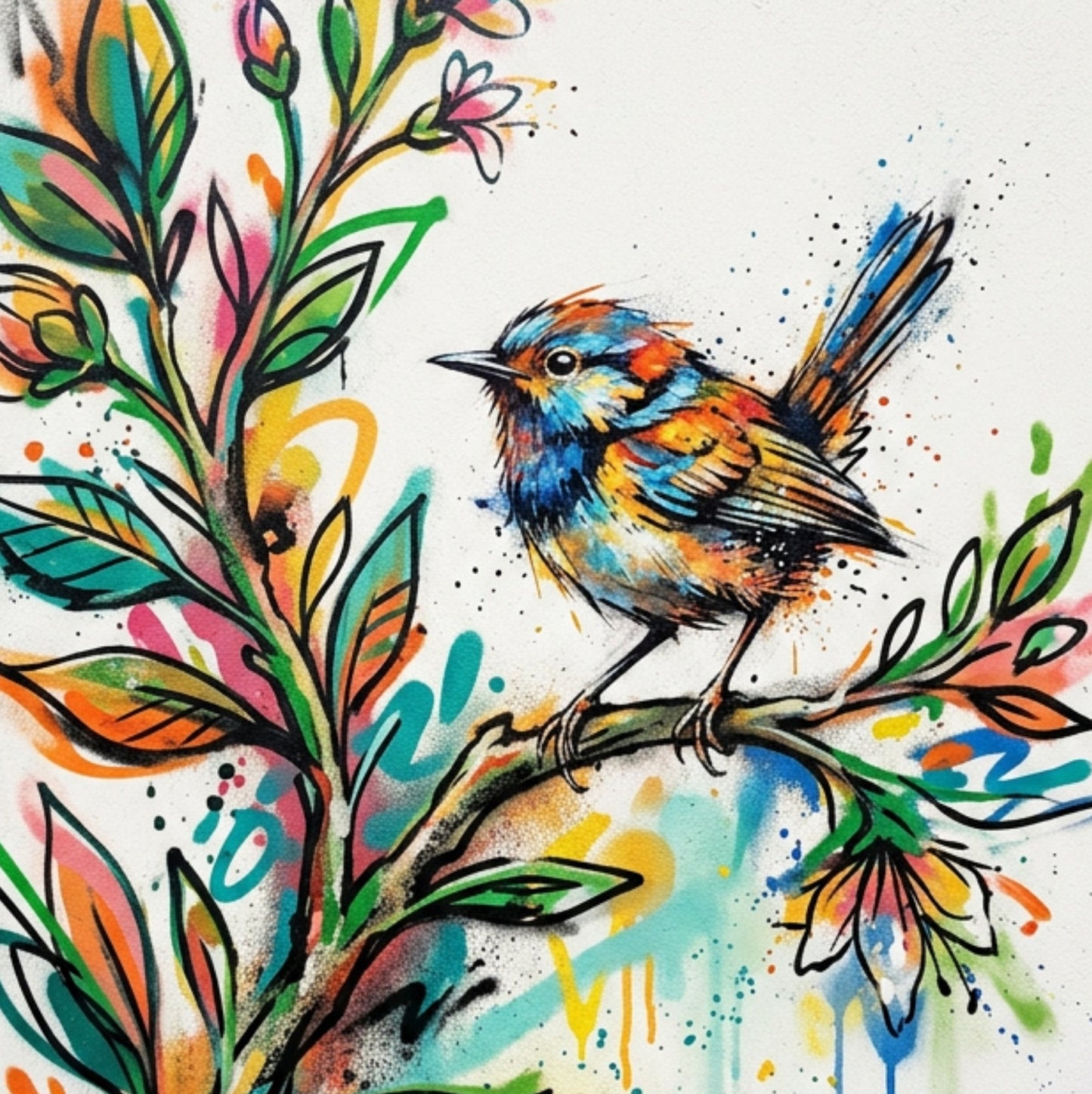 Bird & Blossom Art Print – Expressive Botanical Graffiti‑Style Wall Art