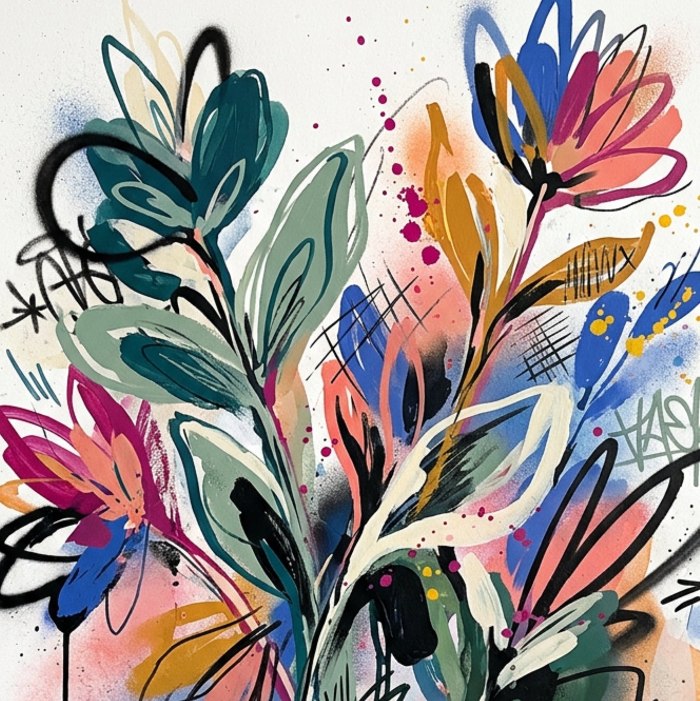 Abstract Floral Art Print – Expressive Botanical Graffiti‑Style Wall Art
