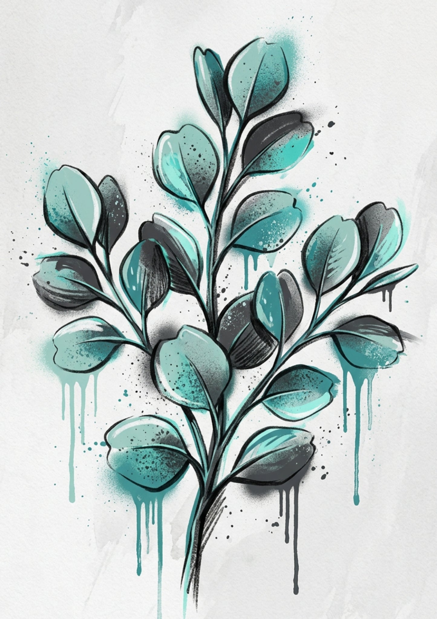 Teal Abstract Leaf Art Print – Expressive Botanical Graffiti‑Style Wall Art