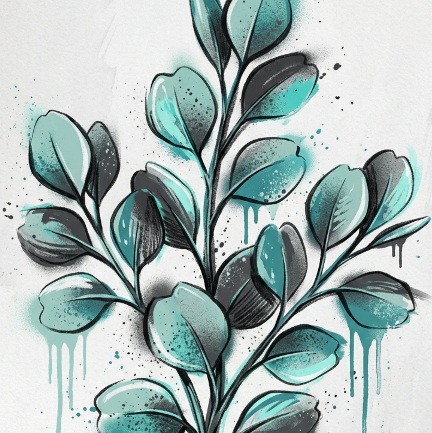 Teal Abstract Leaf Art Print – Expressive Botanical Graffiti‑Style Wall Art